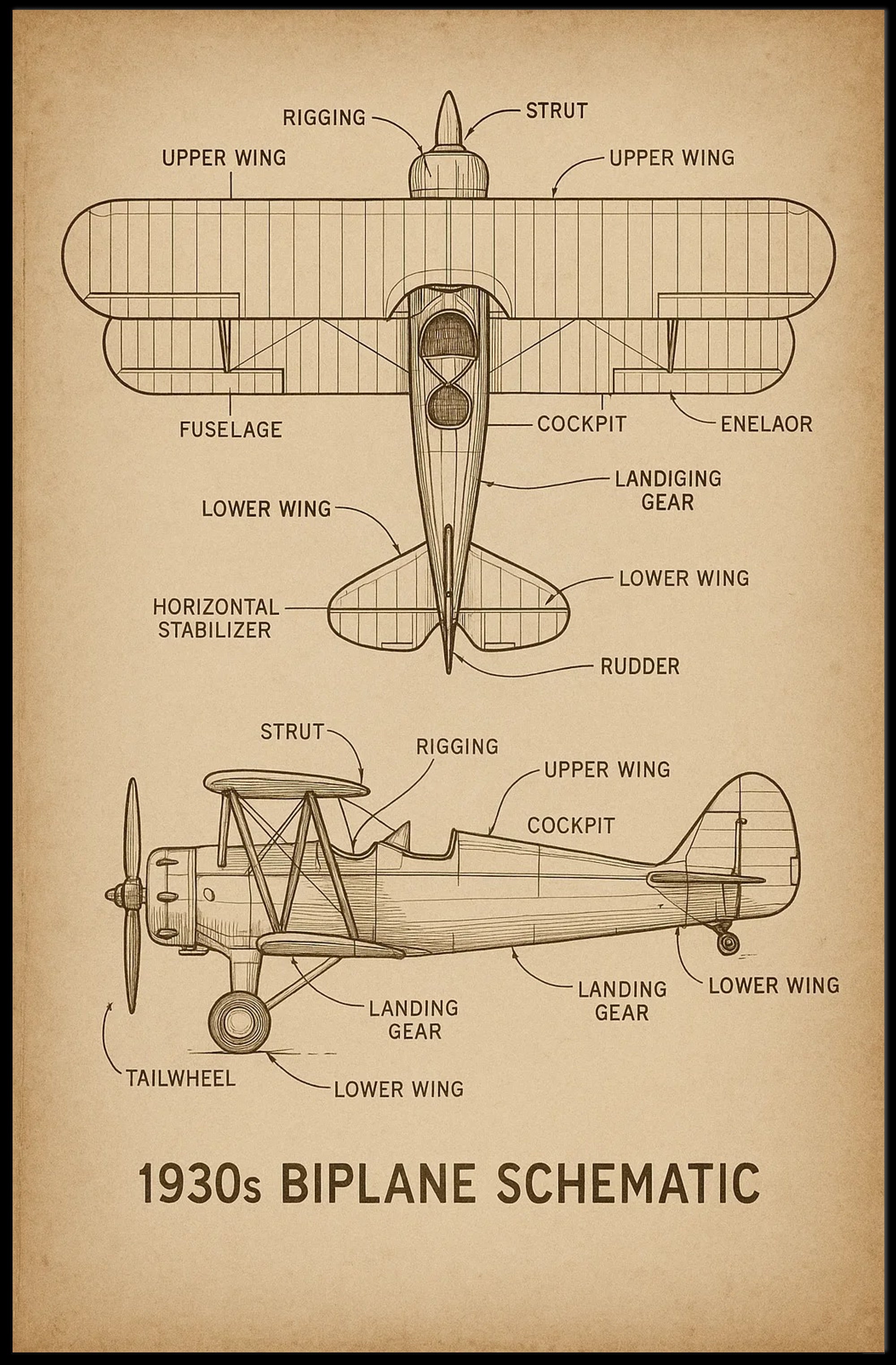 1930s Biplane Schematic Educational Poster for Aviation Enthusiasts PosterGoat