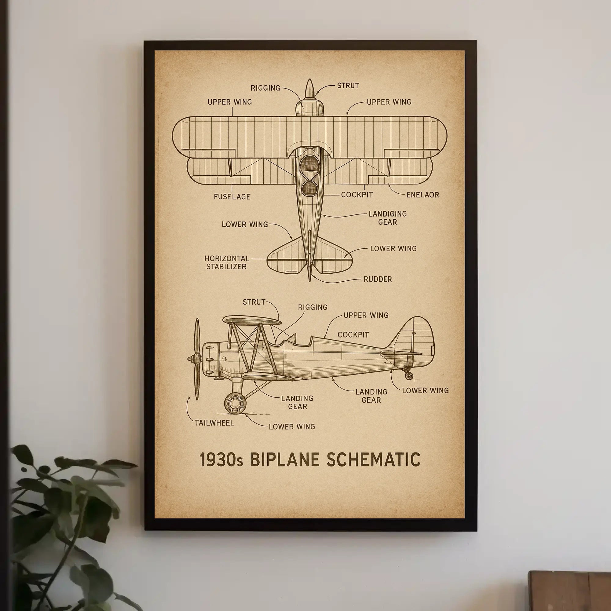 1930s Biplane Schematic Educational Poster for Aviation Enthusiasts PosterGoat