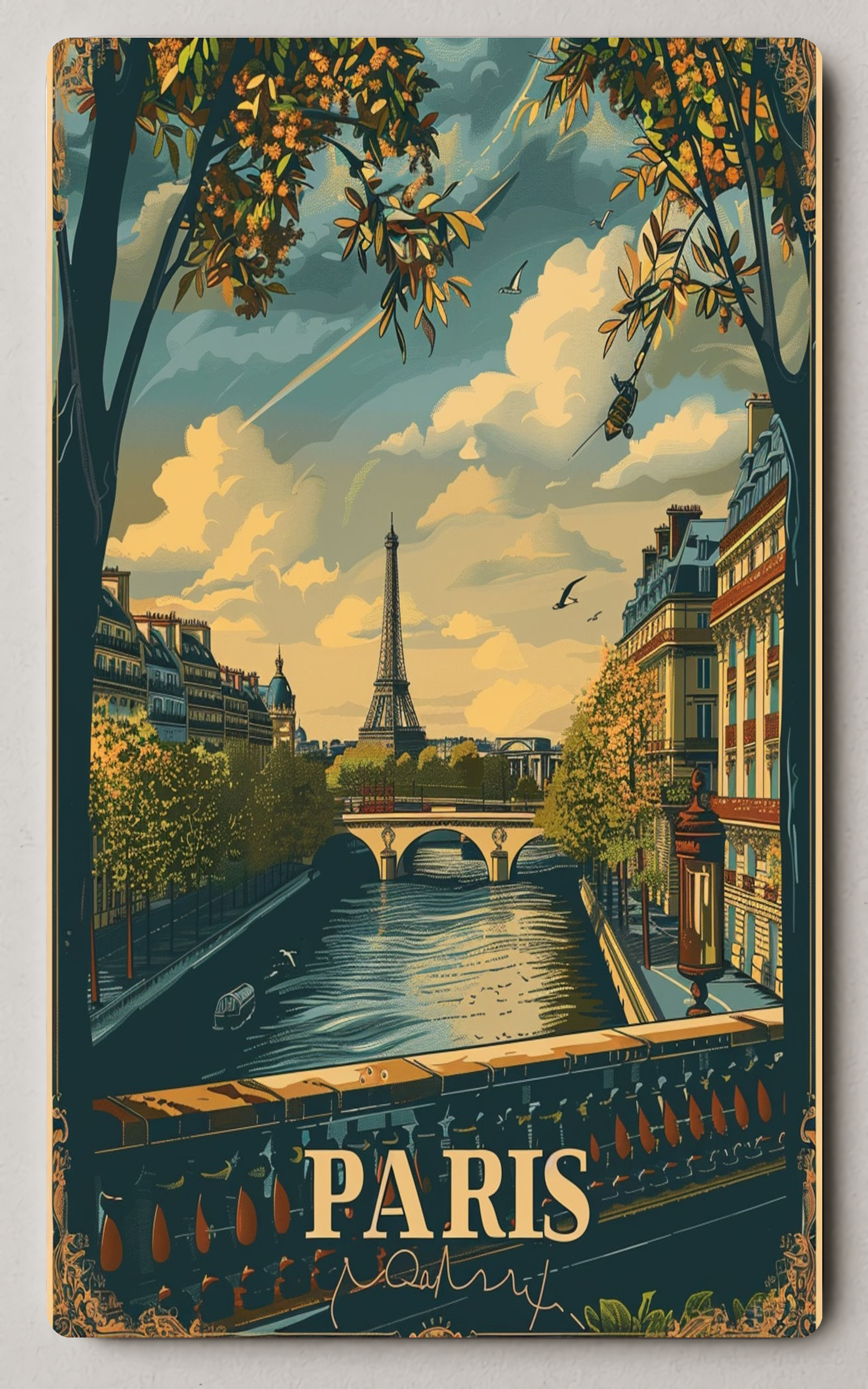 Paris Vintage Travel Scene Eiffel Tower Seine River Trading Card PosterGoat