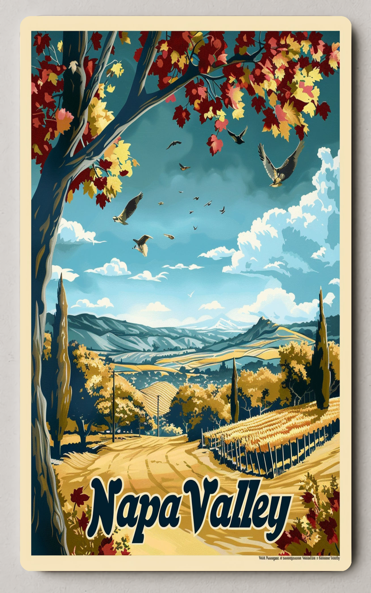 Napa Valley Autumn Vintage Travel Illustration Trading Card PosterGoat