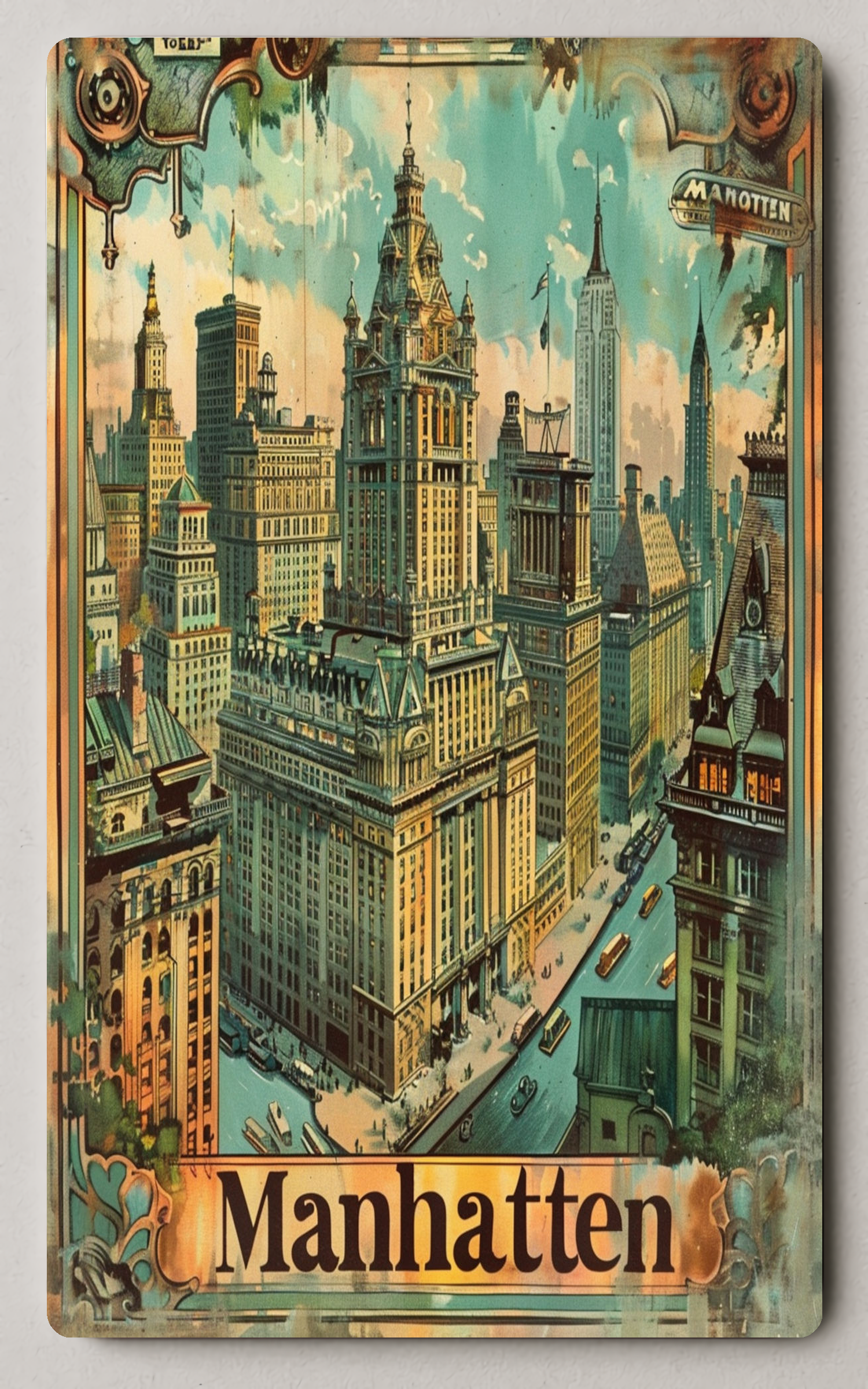 Manhattan Vintage Cityscape Illustration Poster Urban Or Cityscape Poster PosterGoat