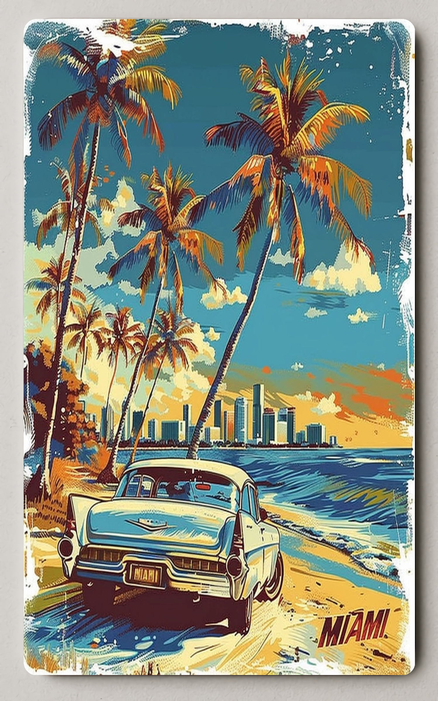 Vintage Miami Car Beach Scene Travel Poster PosterGoat