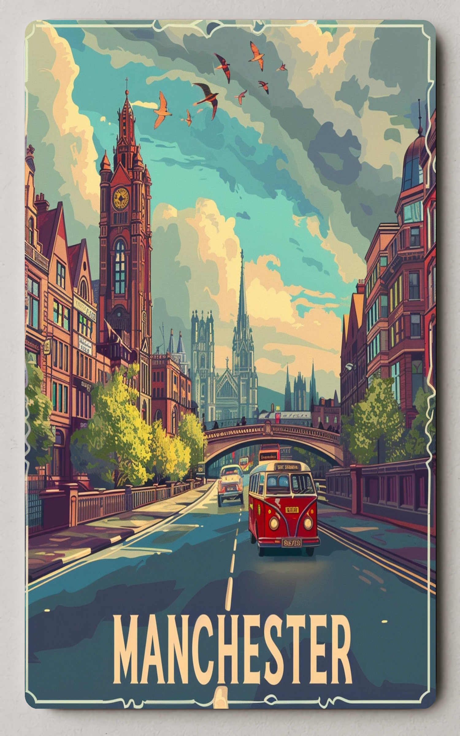 Manchester Cityscape Art Vibrant Vintage Trading Card PosterGoat