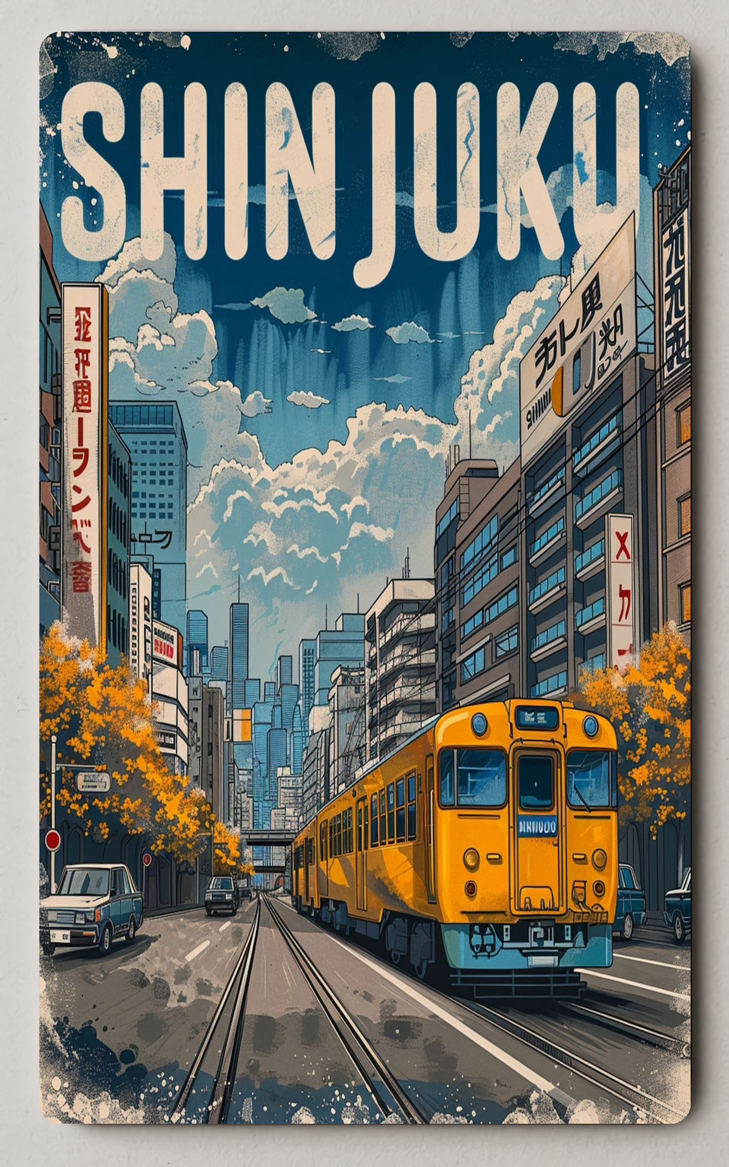 Stylized Shinjuku Cityscape With Vibrant Train Urban Trading Card PosterGoat