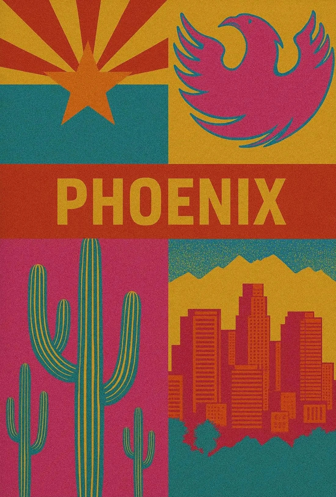 Retro Phoenix Cityscape with Cactus Travel Poster