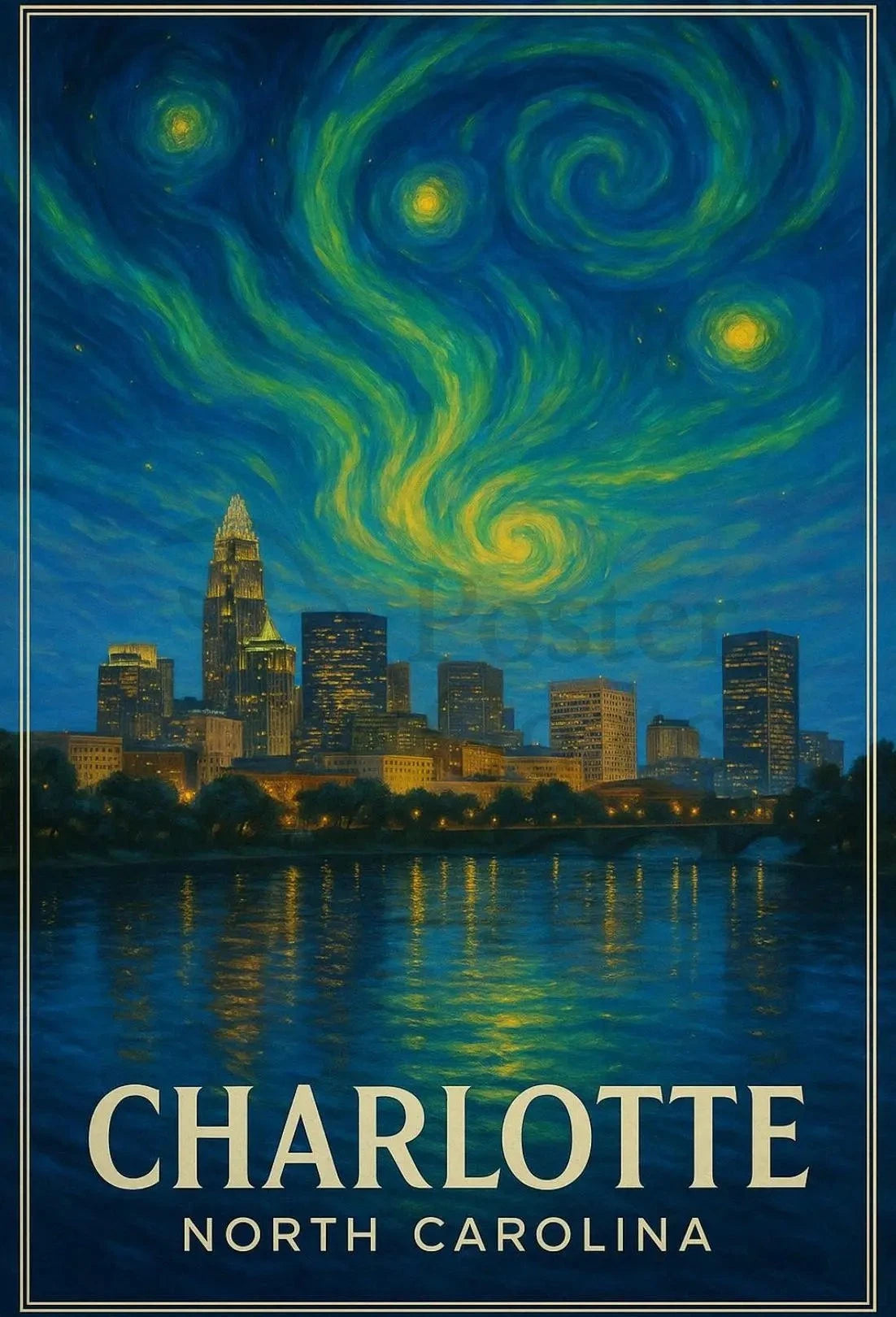 Charlotte Nighttime Skyline Artistry: Abstract, Artistic, or Pop Culture Poster