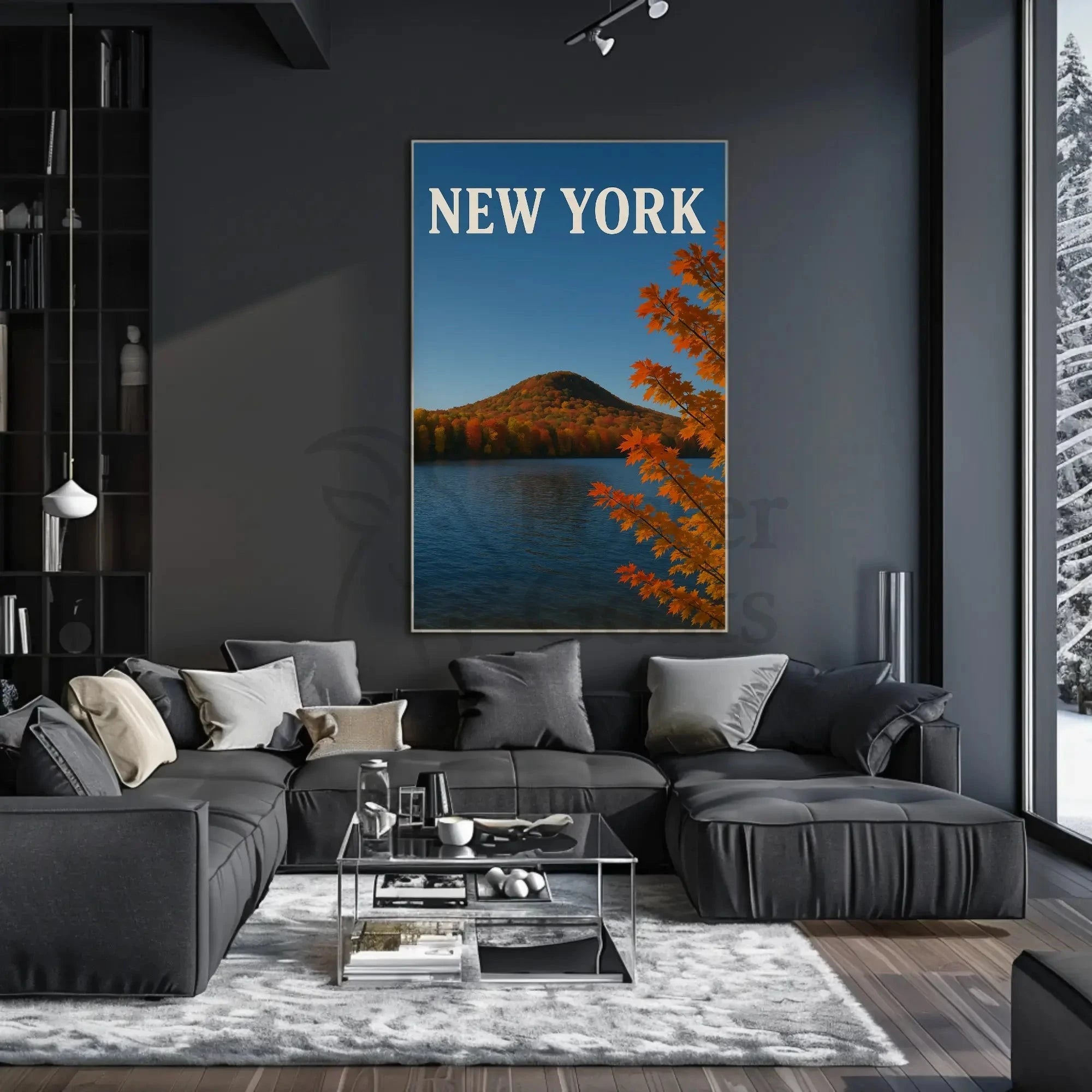 New York Autumn Lake Landscape Poster Modern Wall Art