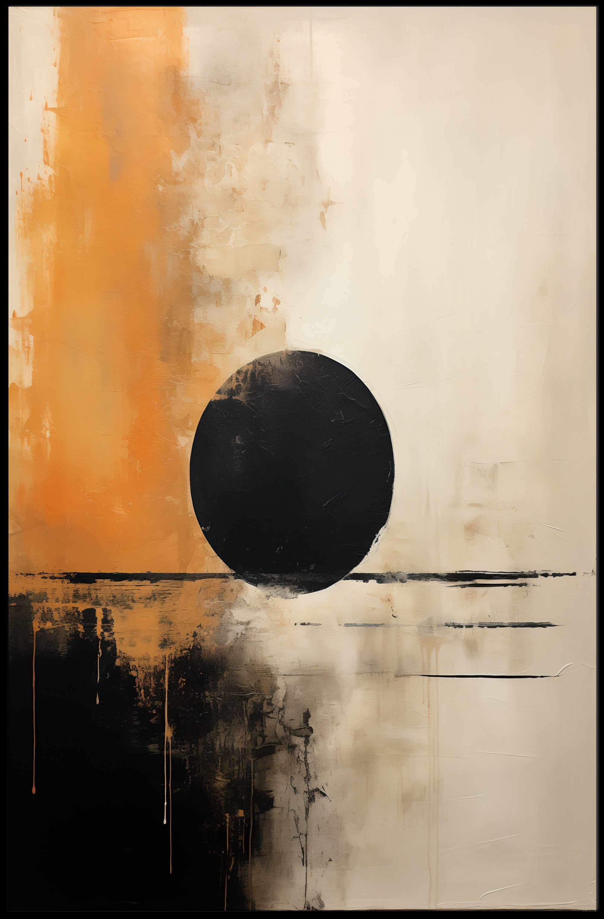 Abstract Black Circle Artistic Poster in Beige and Orange Tones PosterGoat