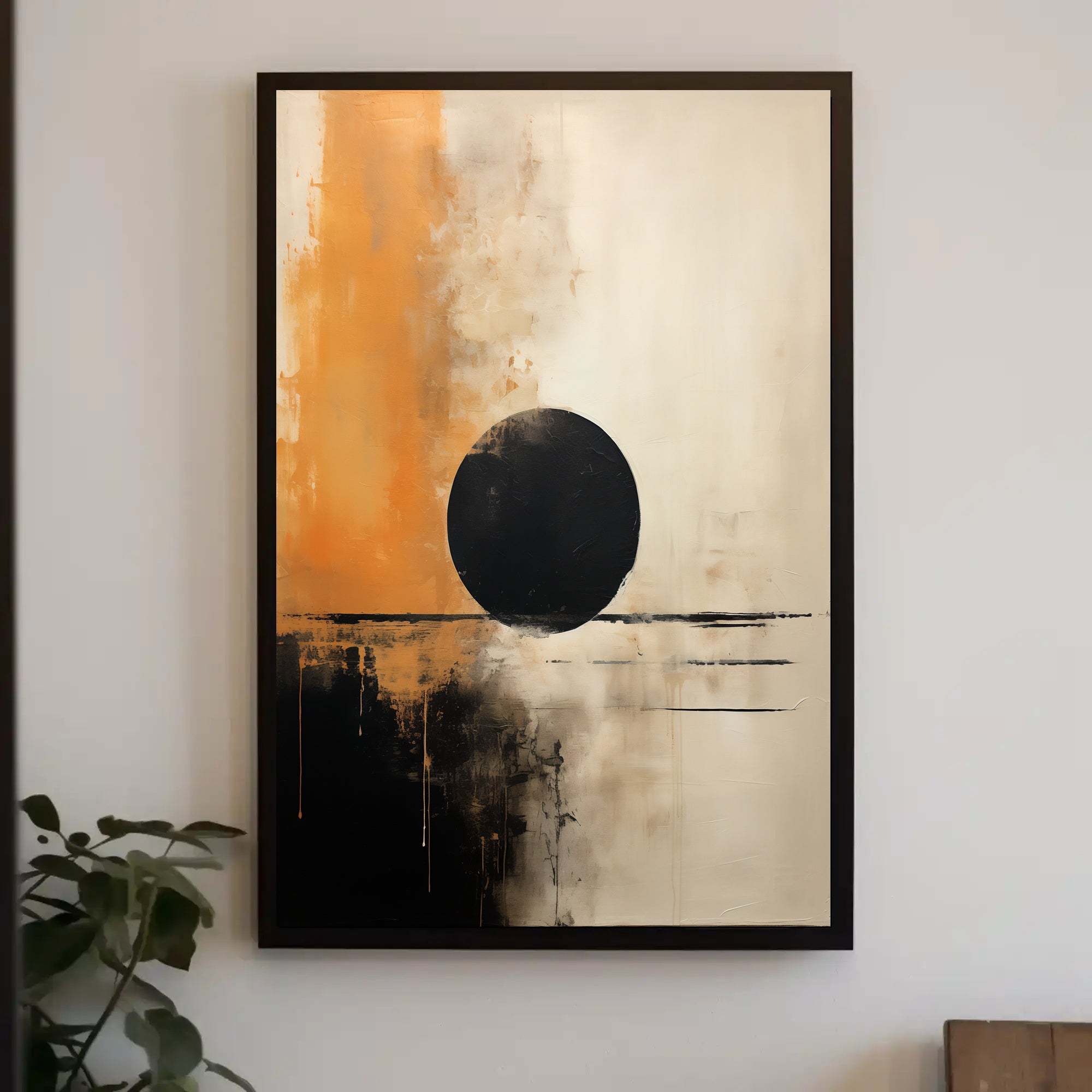 Abstract Black Circle Artistic Poster in Beige and Orange Tones PosterGoat