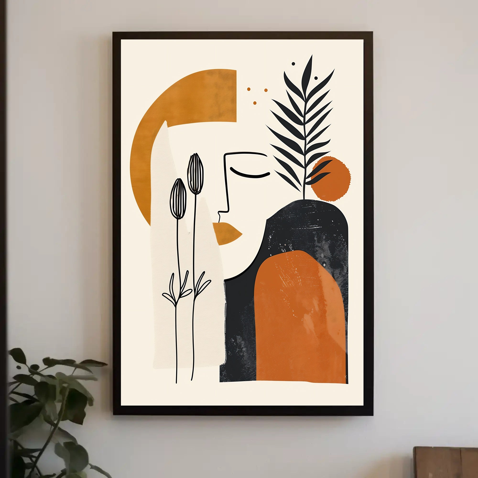 Abstract Face with Botanical Elements Artistic Poster in Earth Tones PosterGoat