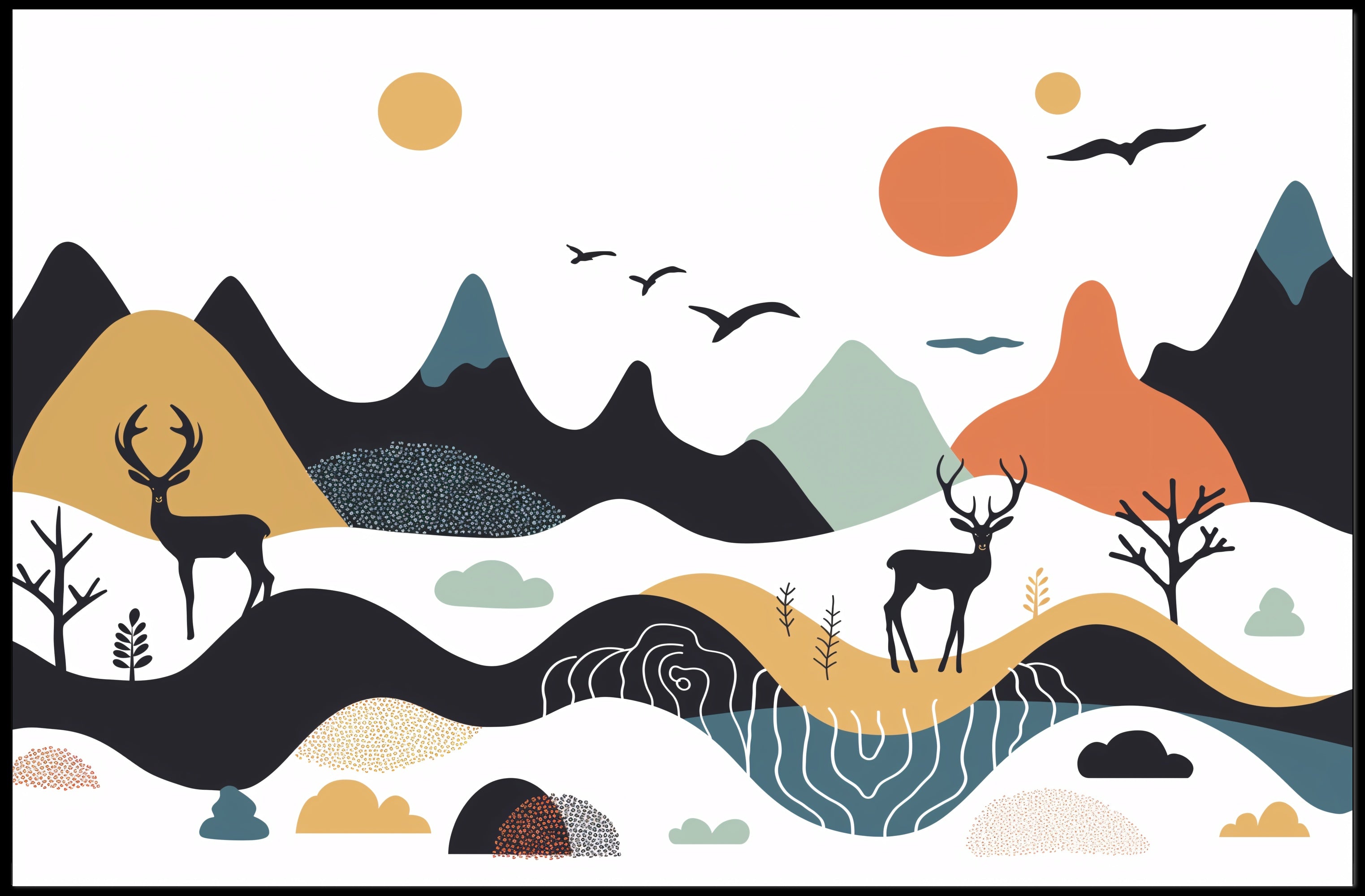 Abstract Mountainous Landscape with Deer and Birds Artistic Poster PosterGoat