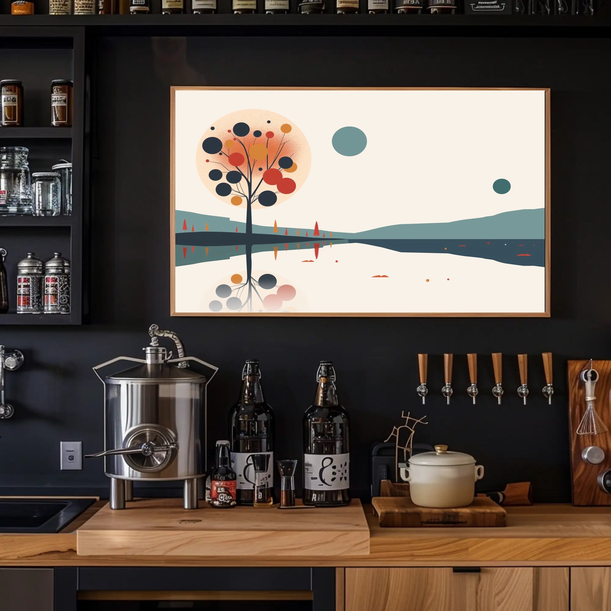 Abstract Serene Lakeside Landscape with Stylized Tree Artwork Poster PosterGoat