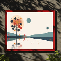 Abstract Serene Lakeside Landscape with Stylized Tree Artwork Poster PosterGoat