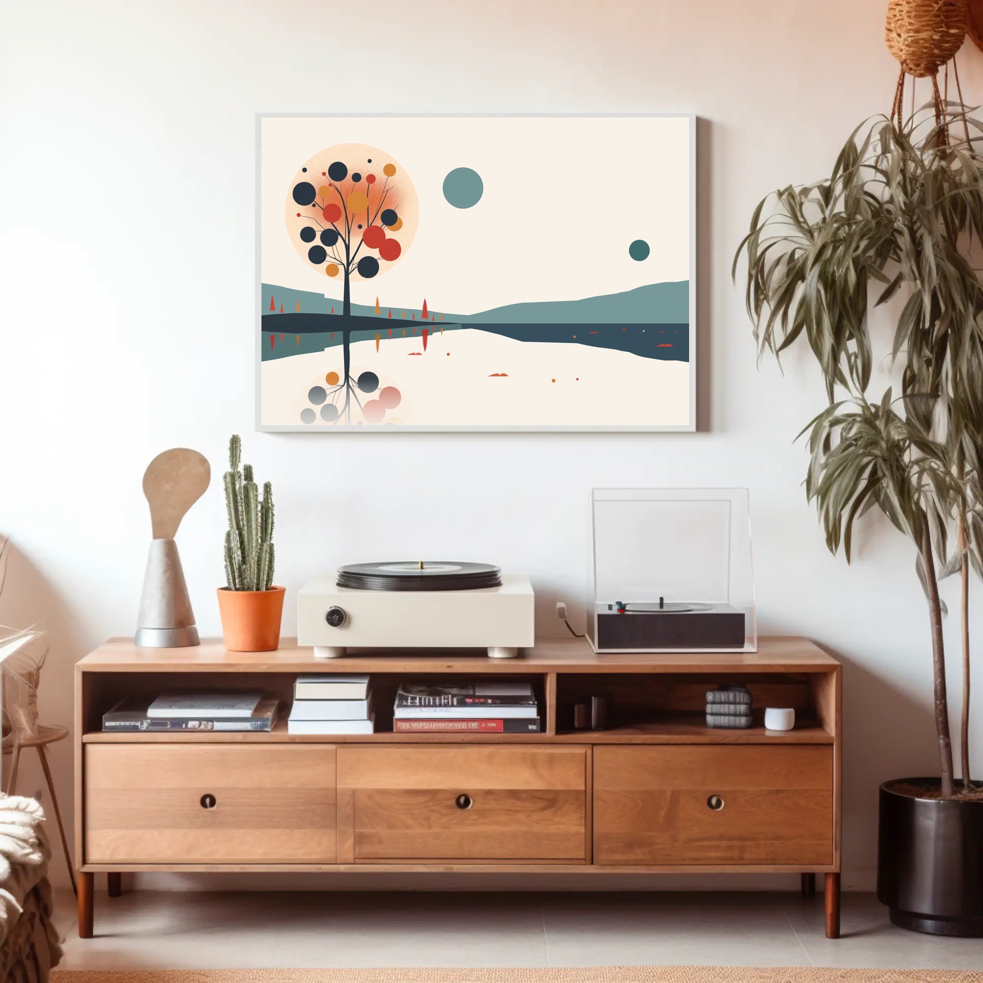 Abstract Serene Lakeside Landscape with Stylized Tree Artwork Poster PosterGoat