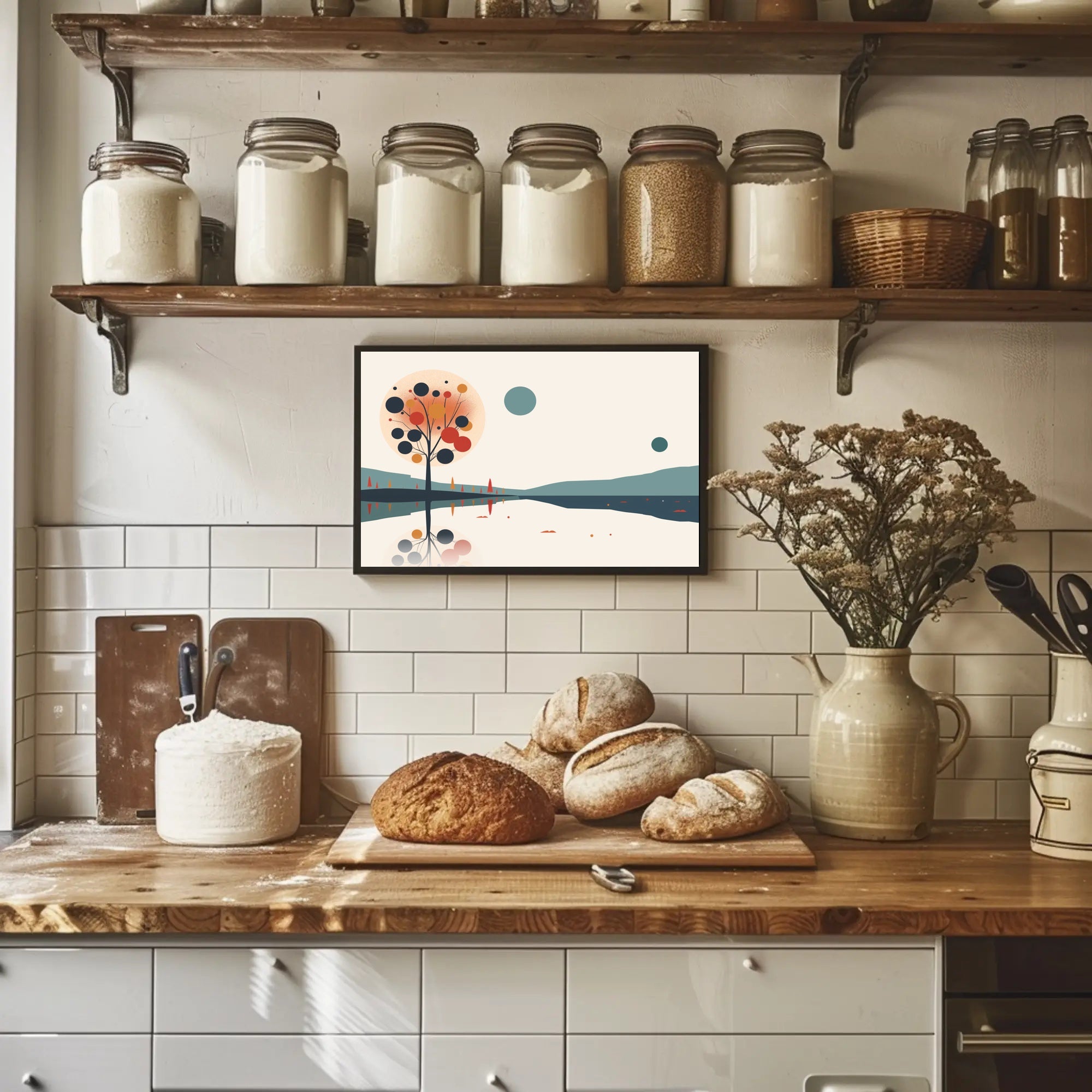 Abstract Serene Lakeside Landscape with Stylized Tree Artwork Poster PosterGoat