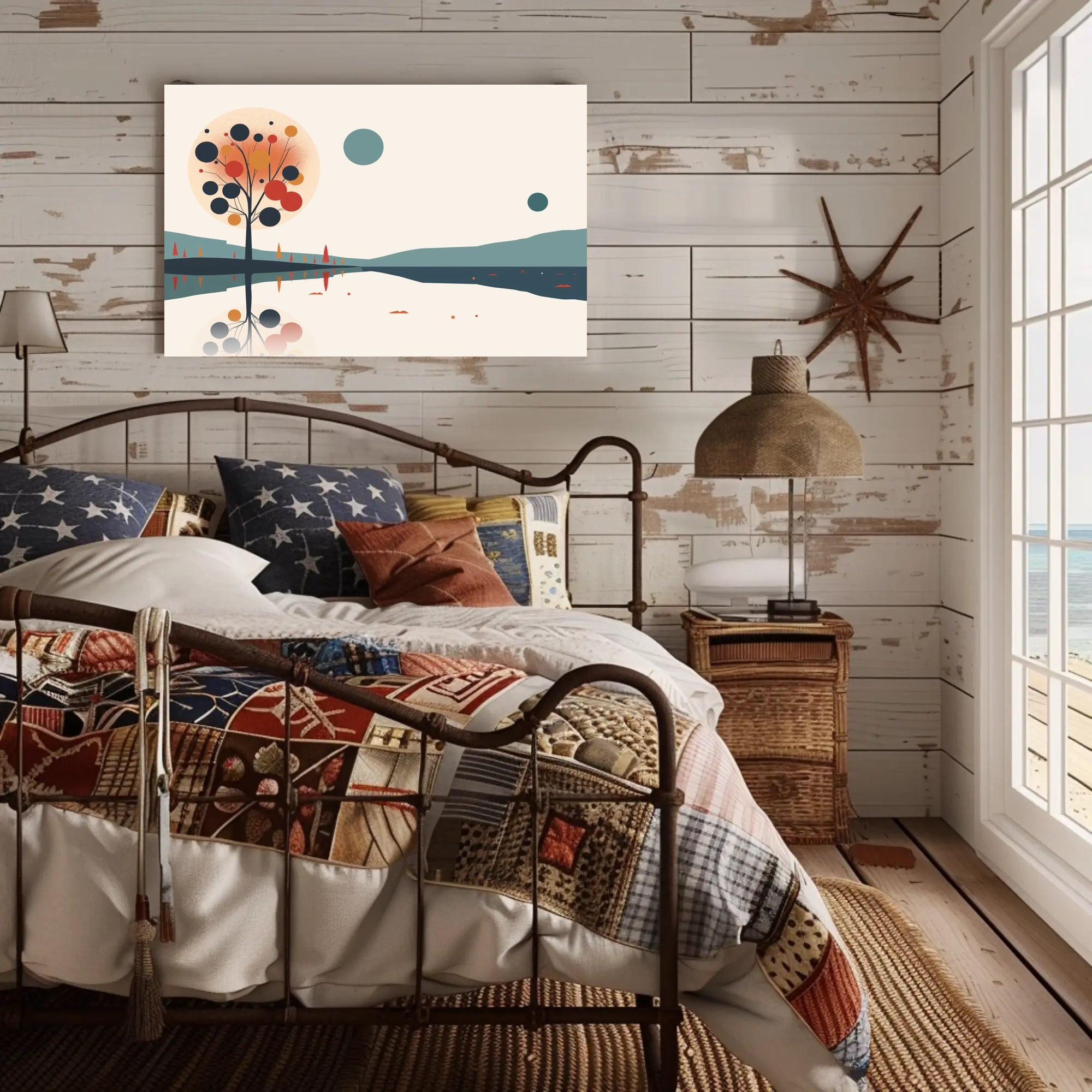 Abstract Serene Lakeside Landscape with Stylized Tree Artwork Poster PosterGoat