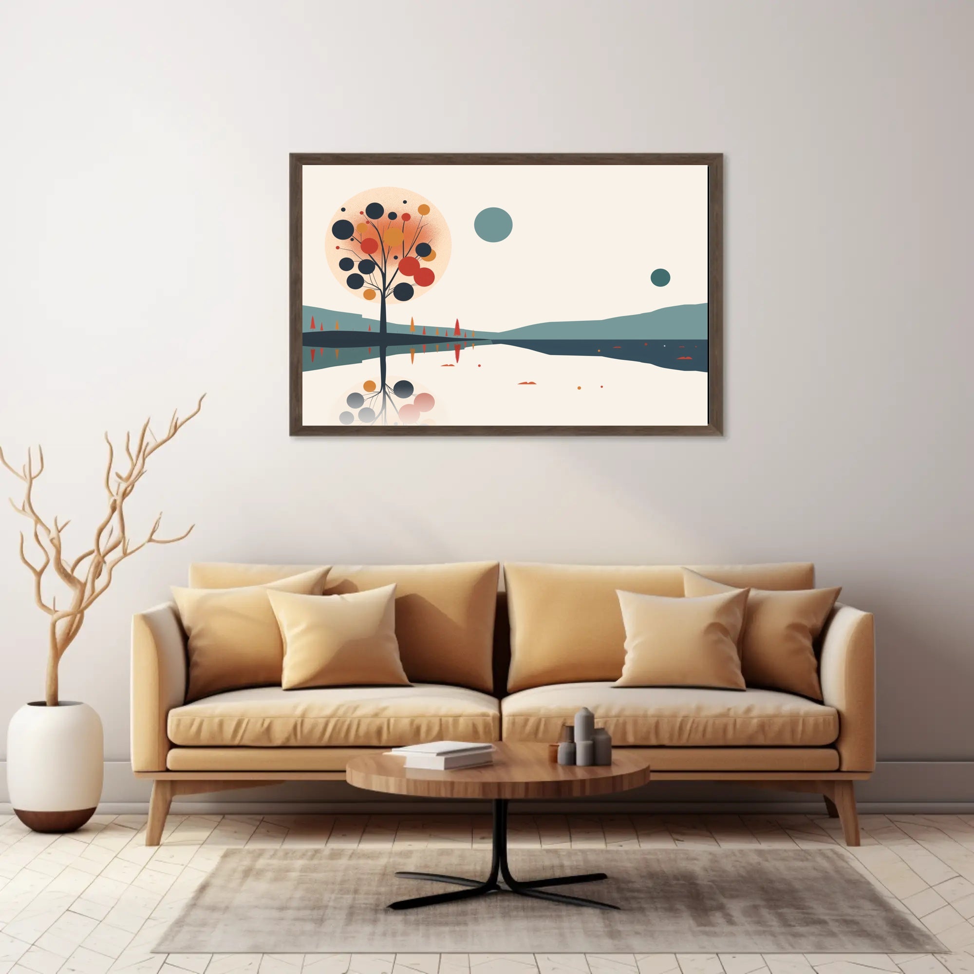 Abstract Serene Lakeside Landscape with Stylized Tree Artwork Poster PosterGoat
