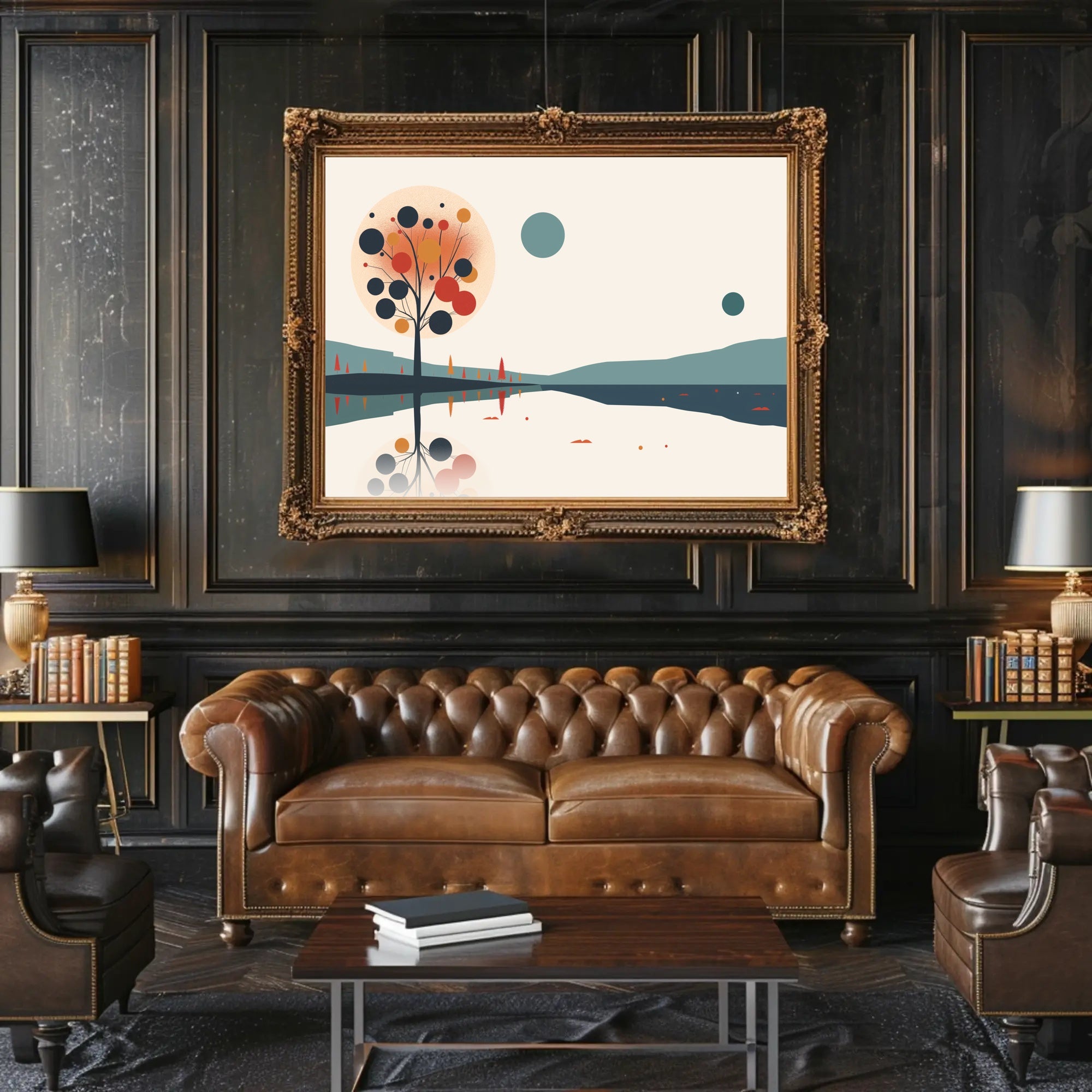 Abstract Serene Lakeside Landscape with Stylized Tree Artwork Poster PosterGoat