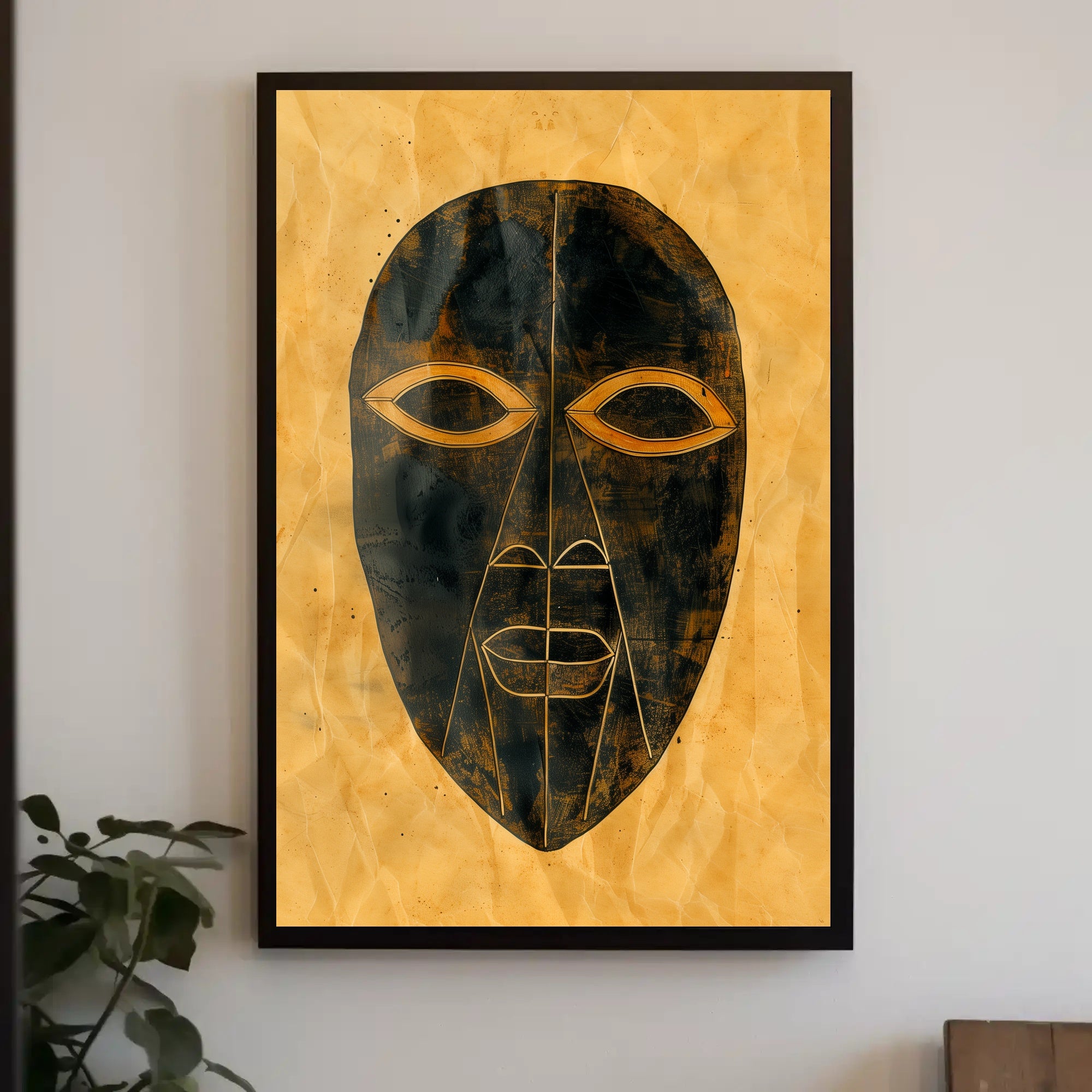 Abstract Tribal Mask Art with Gold Accents Poster PosterGoat