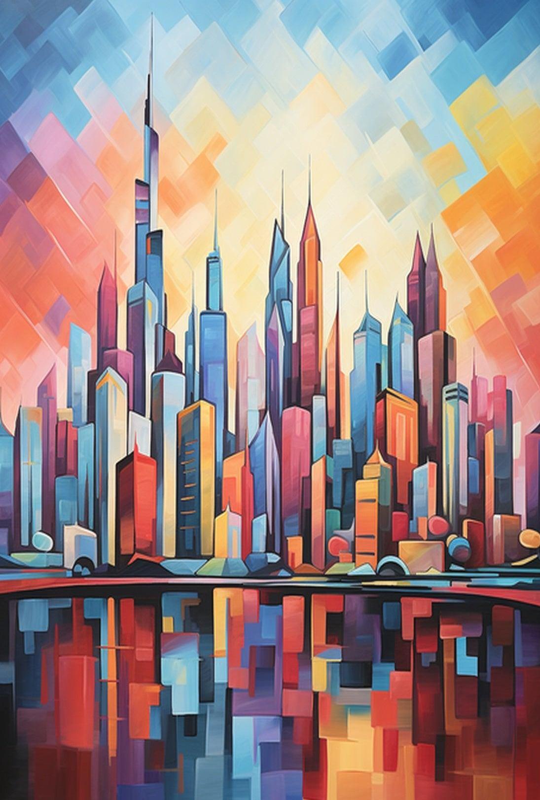 Abstract Urban Sunrise over Modern Cityscape Poster PosterGoat