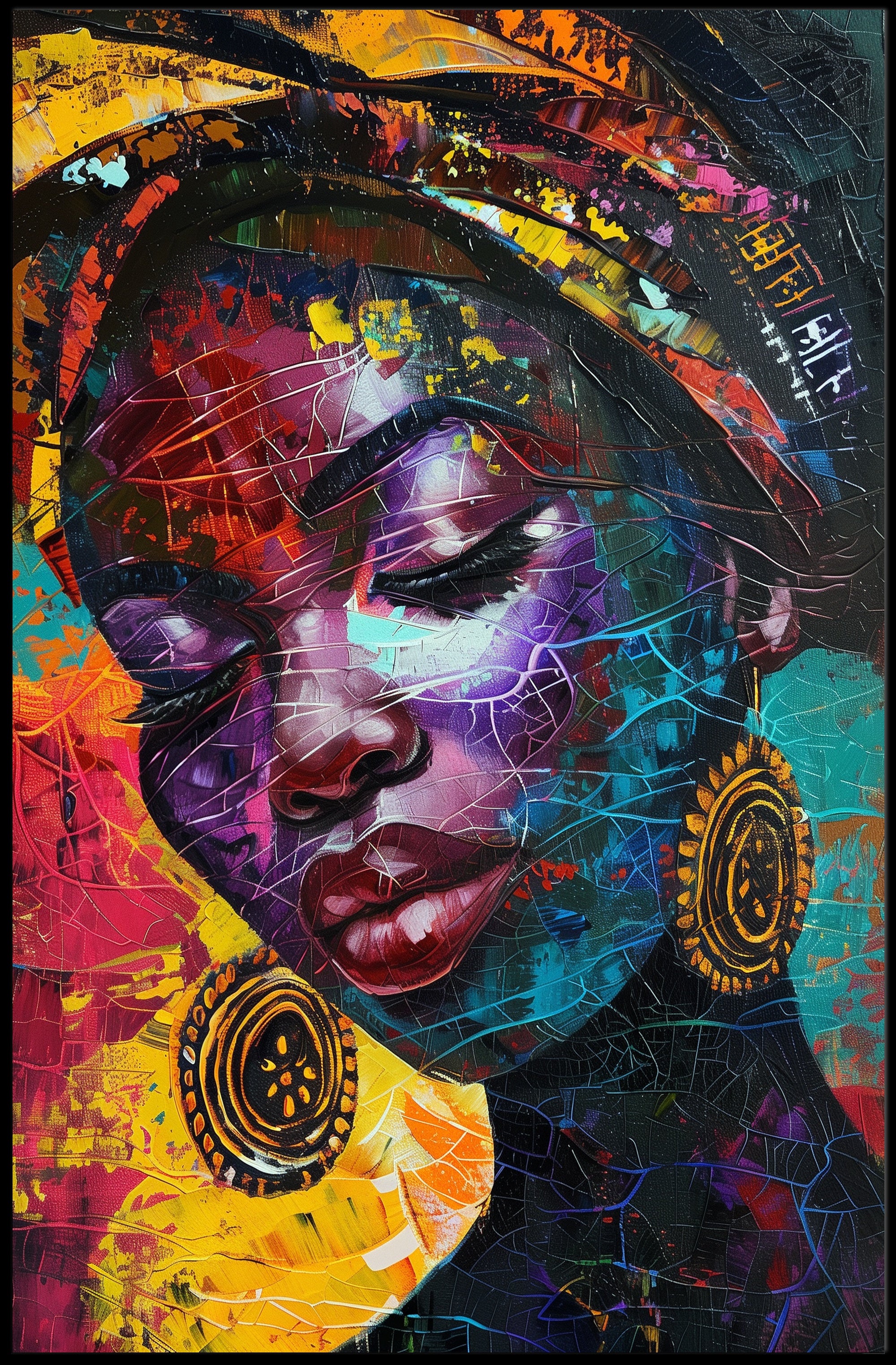 Abstract Woman Portrait with Vibrant Headscarf Artistic Poster PosterGoat