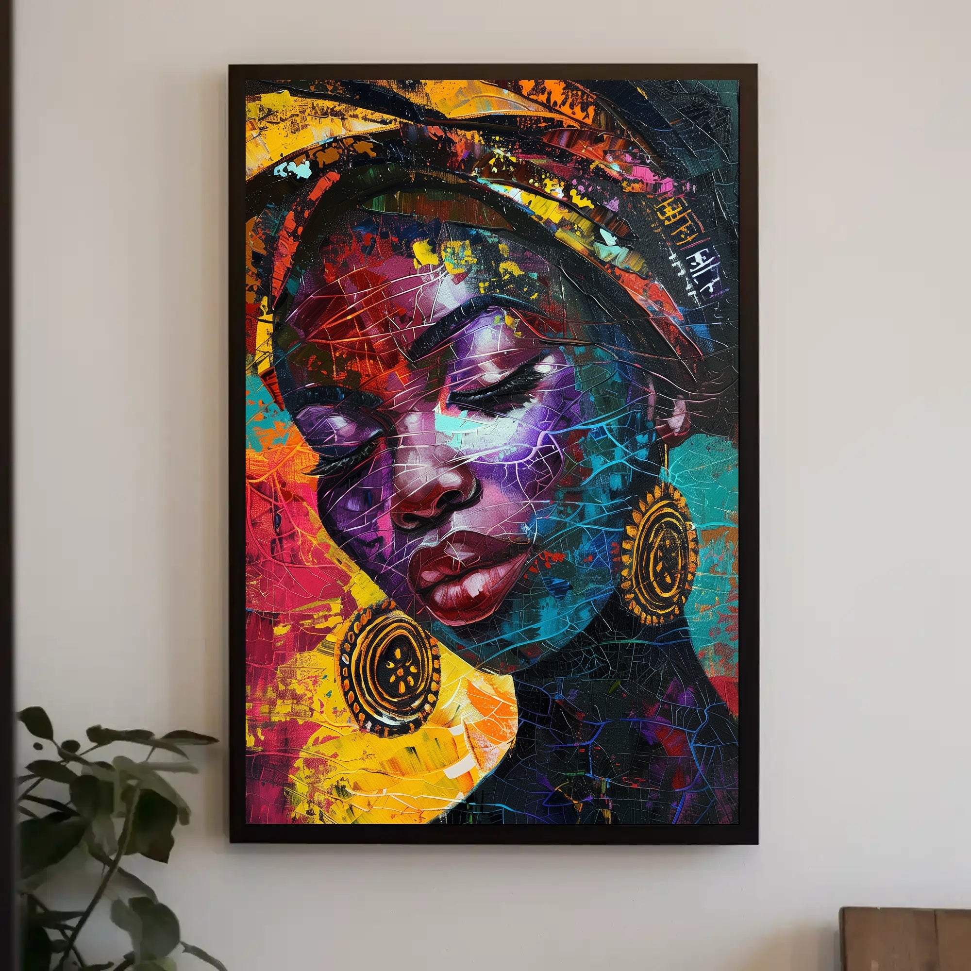 Abstract Woman Portrait with Vibrant Headscarf Artistic Poster PosterGoat