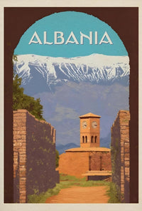Albania Scenic Travel Poster with Clock Tower PosterGoat