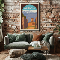 Albania Scenic Travel Poster with Clock Tower PosterGoat