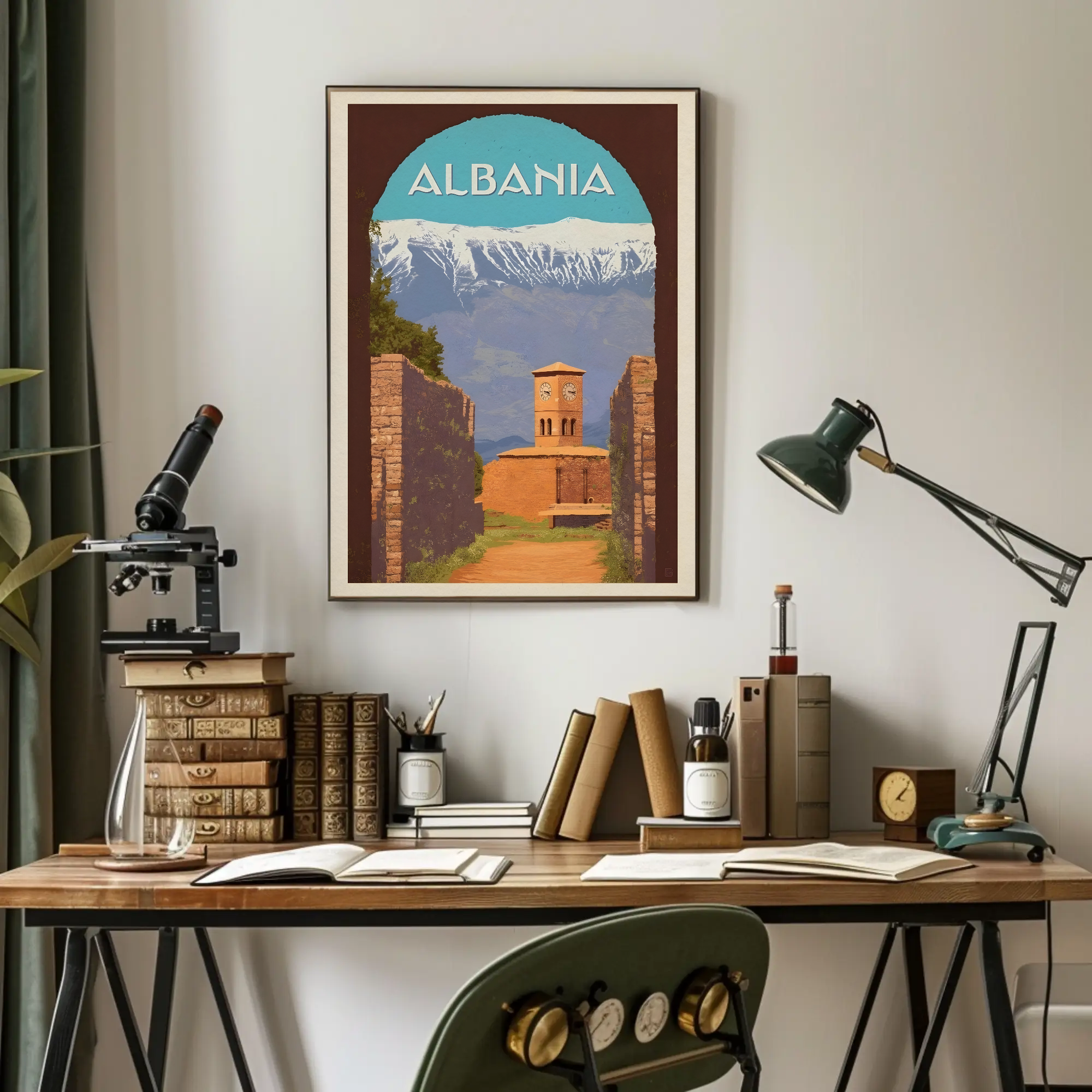 Albania Scenic Travel Poster with Clock Tower PosterGoat