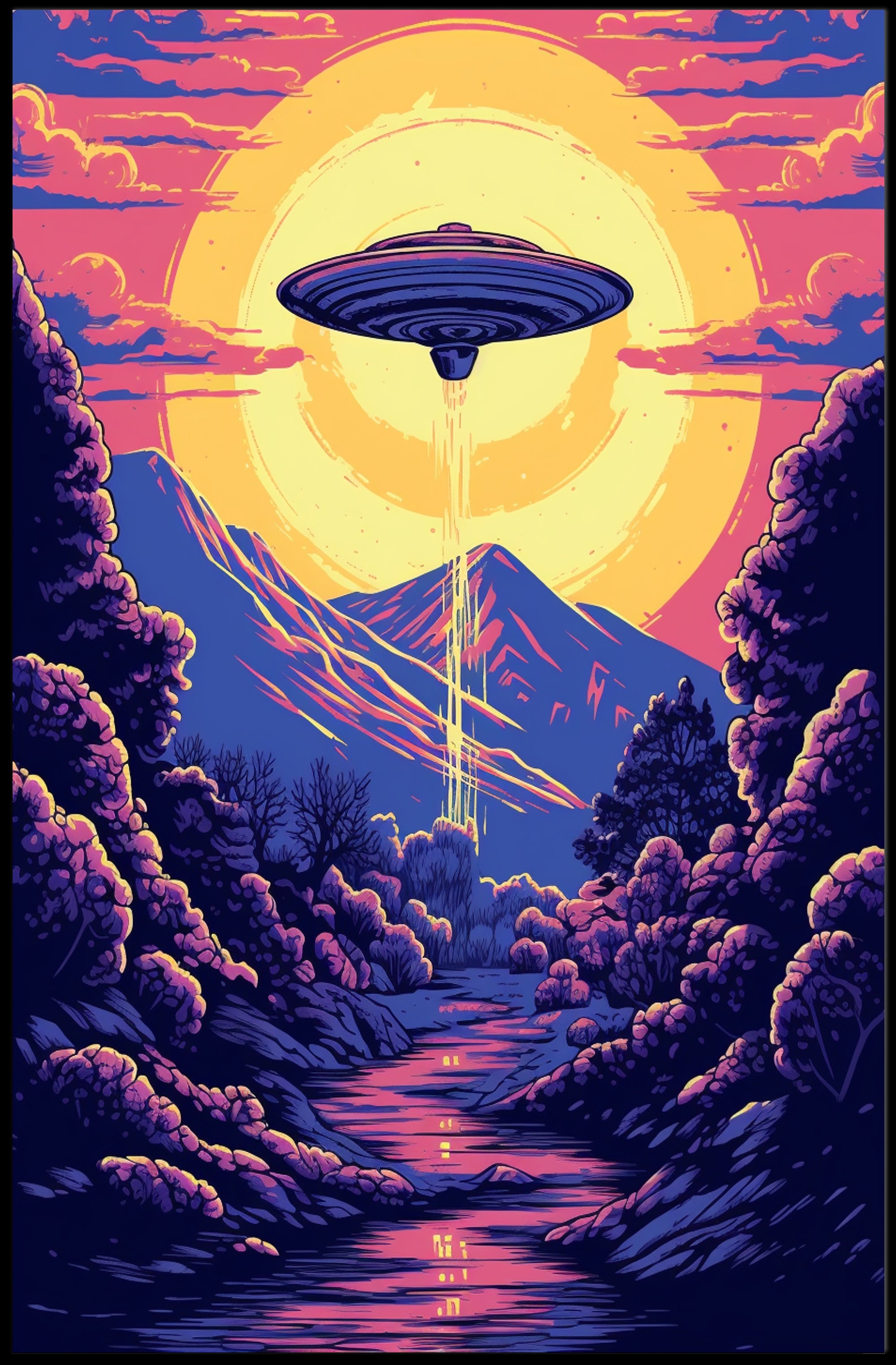 "Alien Encounter at Dusk" Poster showcases a vibrant UFO scene, perfect for decor lovers and adventurous spirits.
