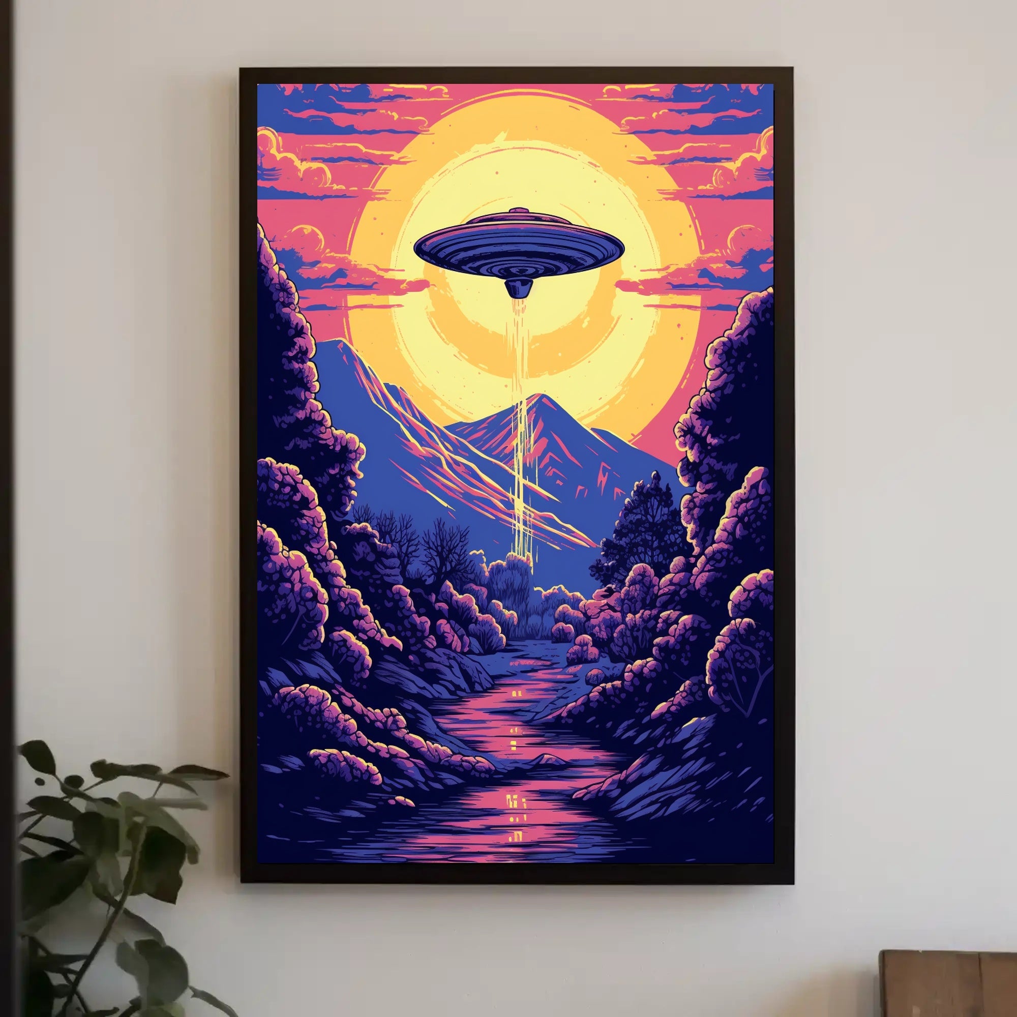 "Alien Encounter at Dusk" Poster features a vibrant landscape with a UFO, perfect for decor enthusiasts and dreamers.