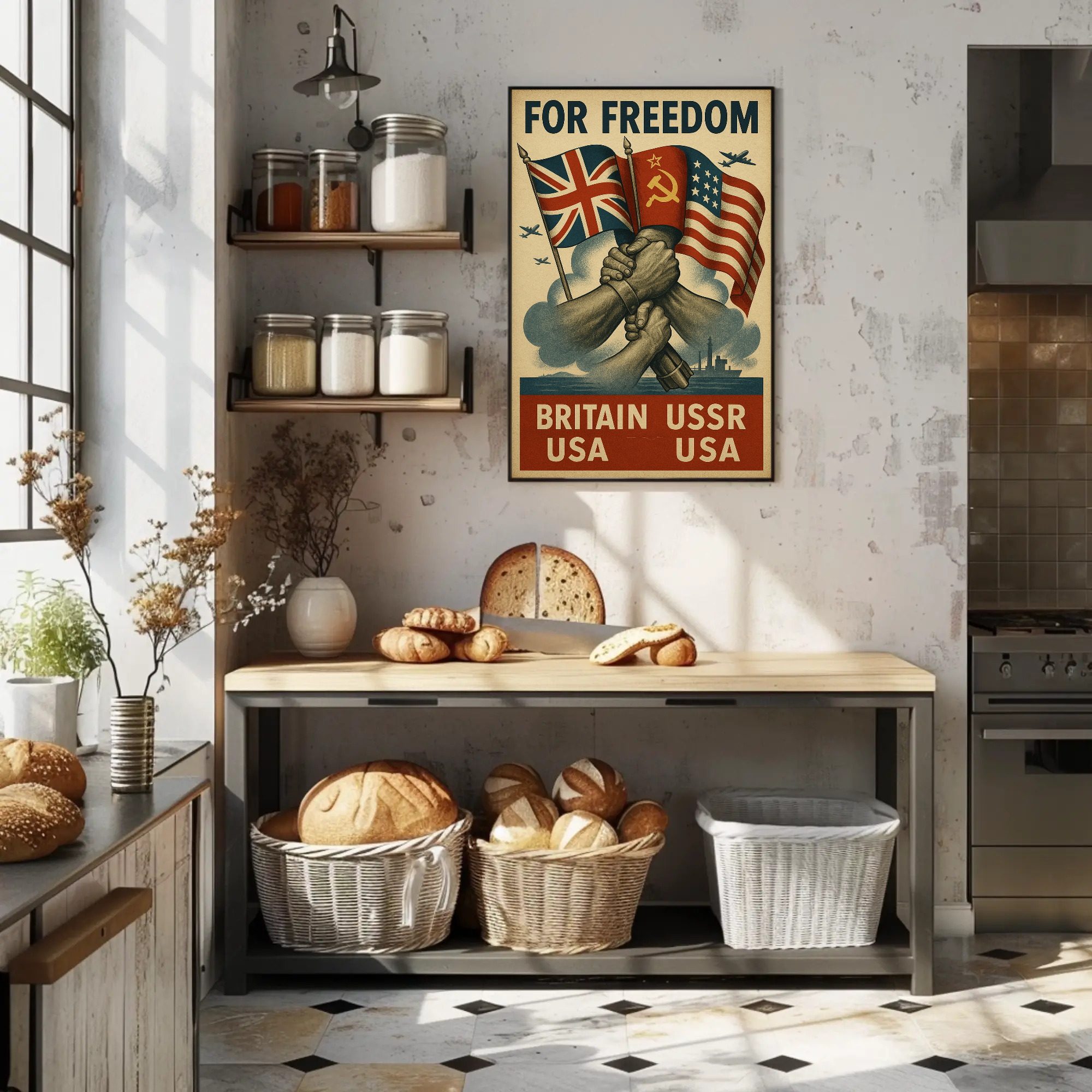 Allied Nations Unite Bold WWII Propaganda Poster PosterGoat