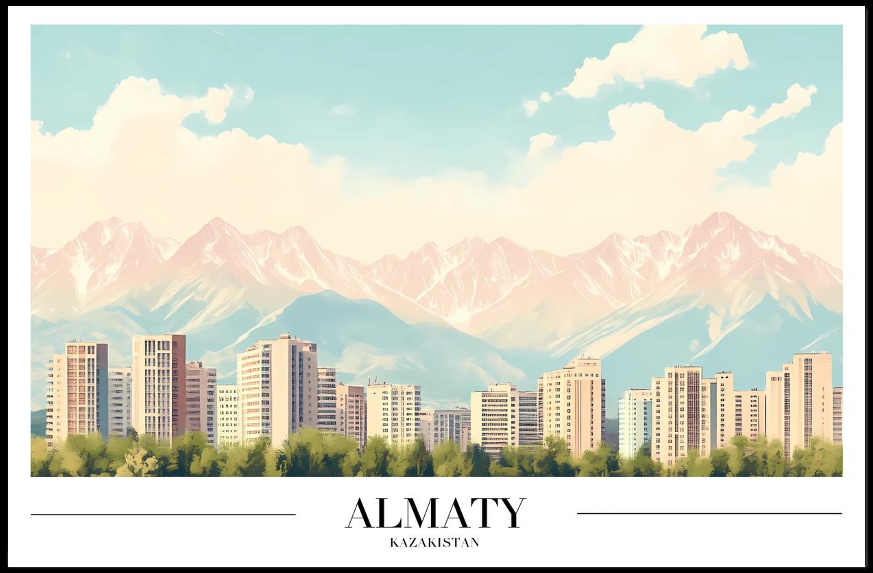 Almaty Cityscape with Majestic Mountains Urban or Cityscape Poster PosterGoat