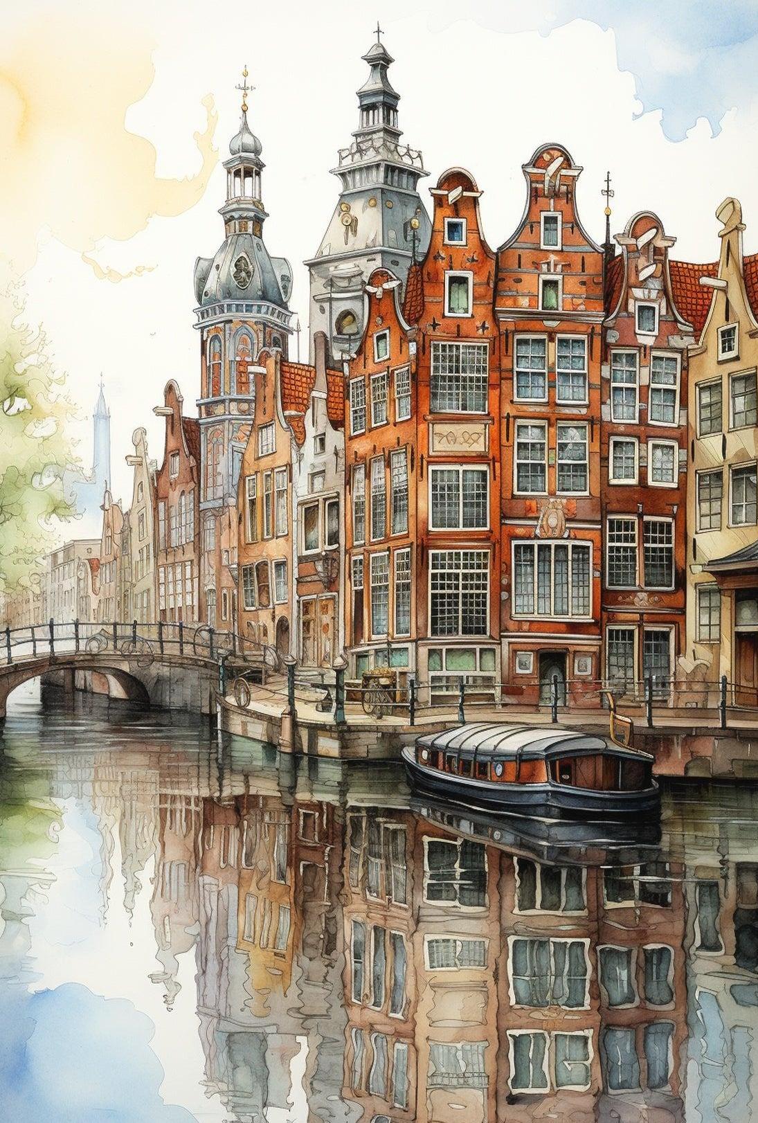 Amsterdam Canal Cityscape Watercolor Travel Poster PosterGoat