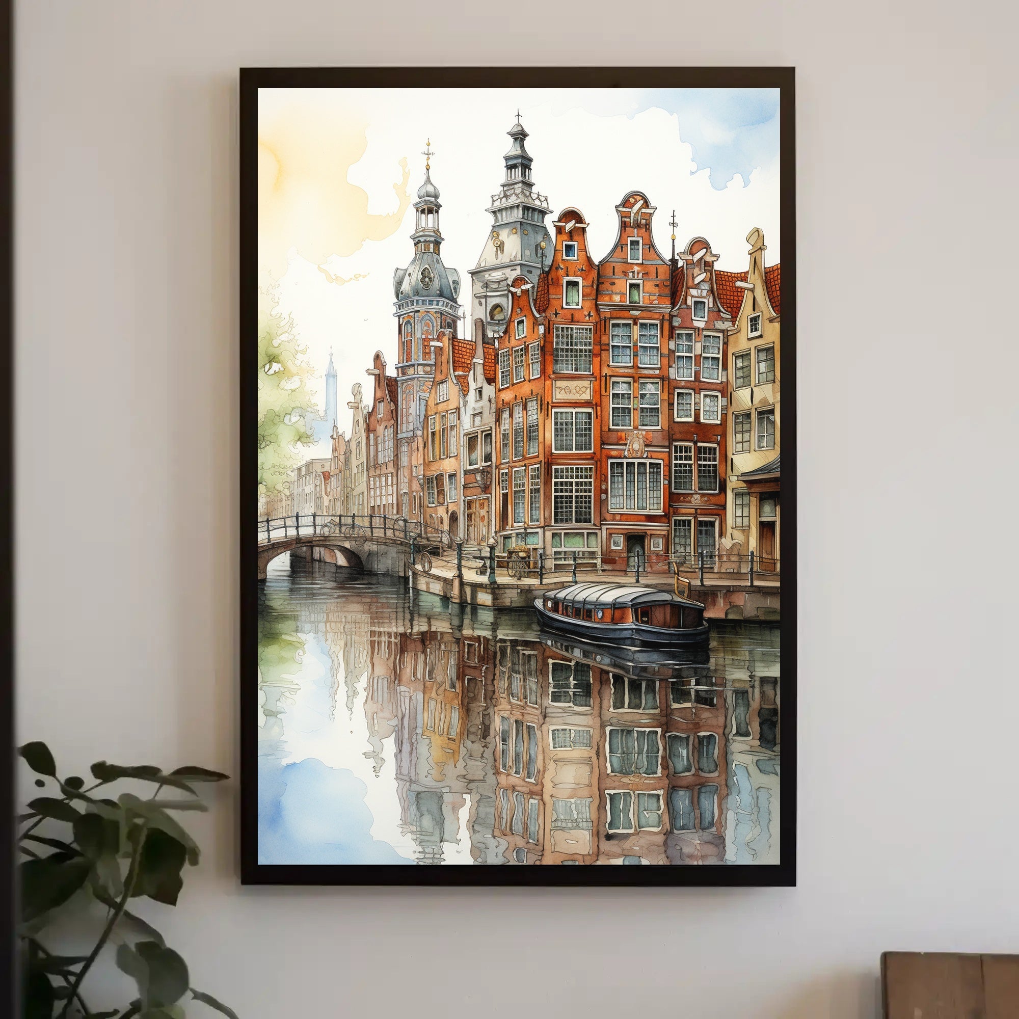 Amsterdam Canal Cityscape Watercolor Travel Poster PosterGoat