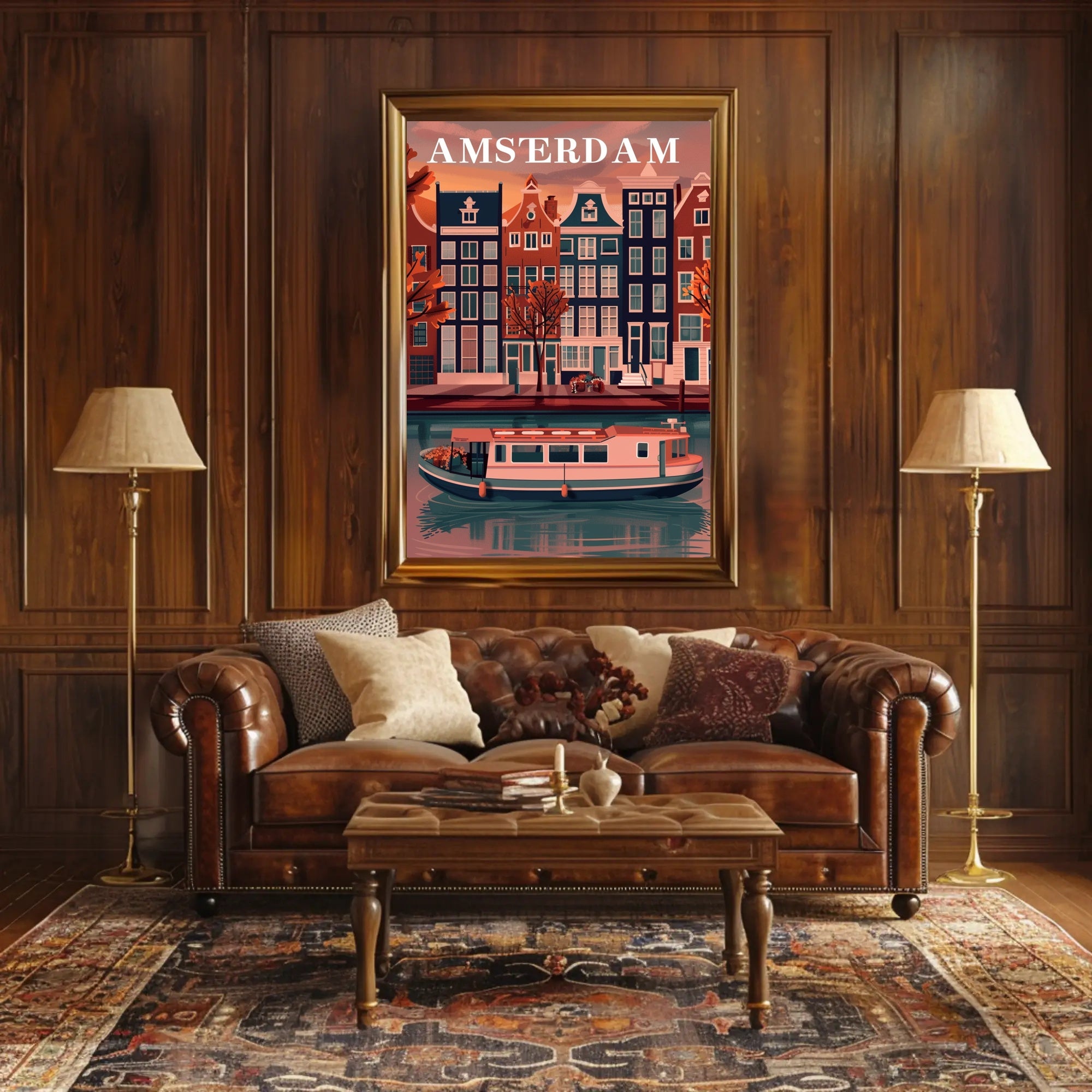 Amsterdam Canal Houses: Warm Scenic Travel Poster PosterGoat