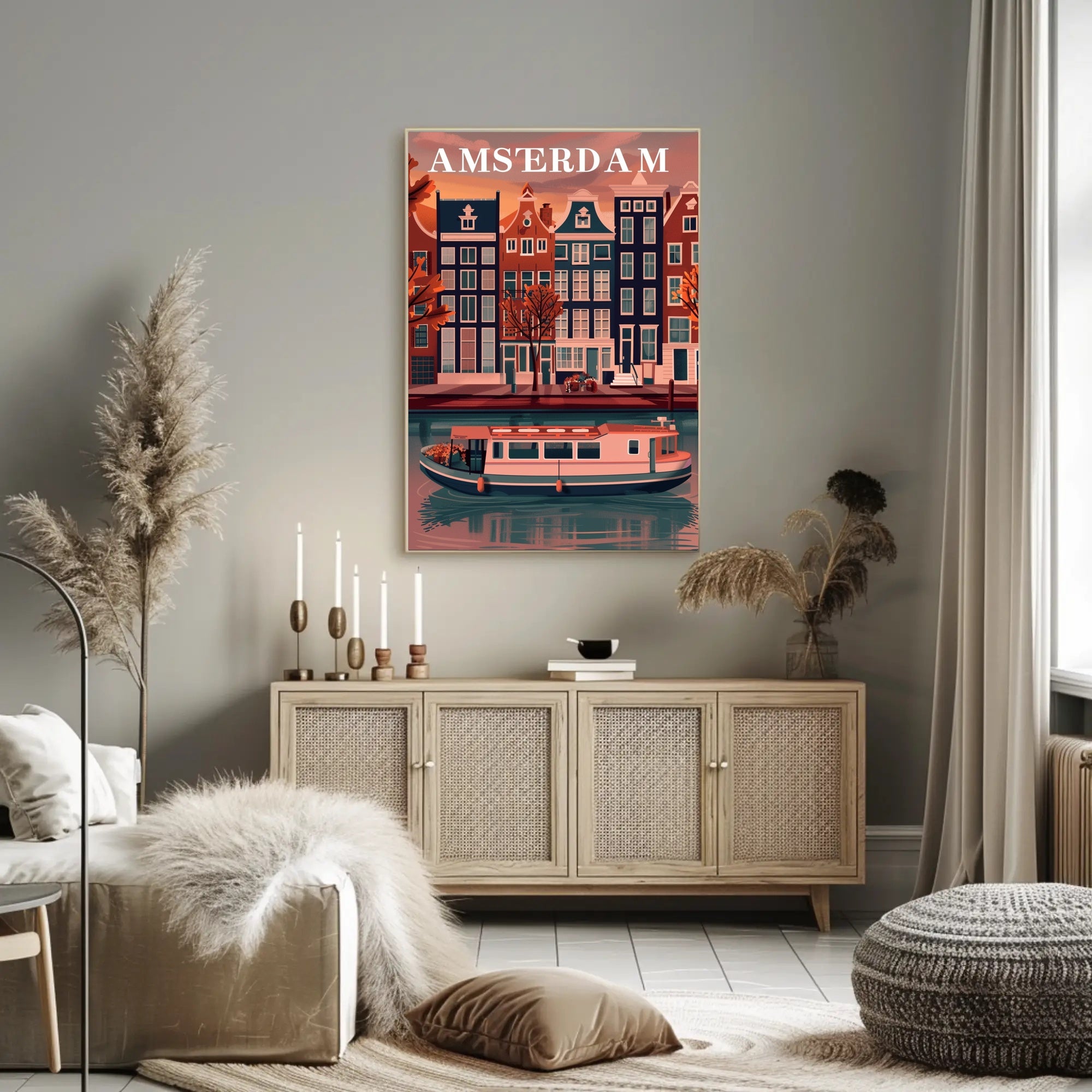 Amsterdam Canal Houses: Warm Scenic Travel Poster PosterGoat
