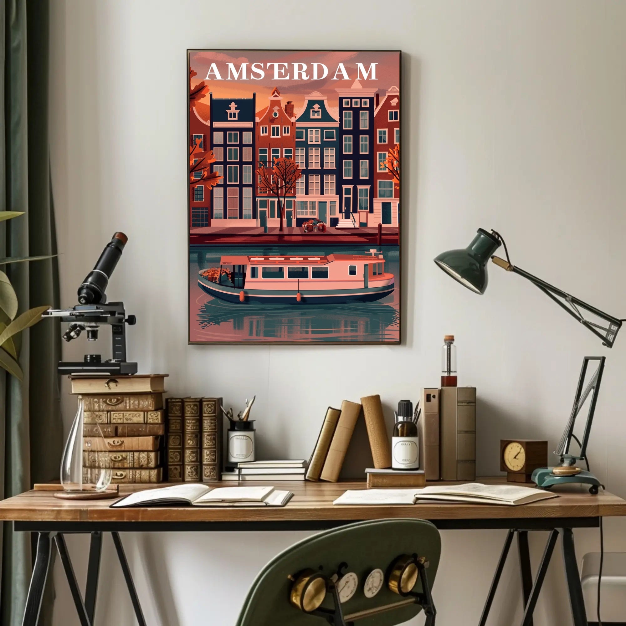 Amsterdam Canal Houses: Warm Scenic Travel Poster PosterGoat