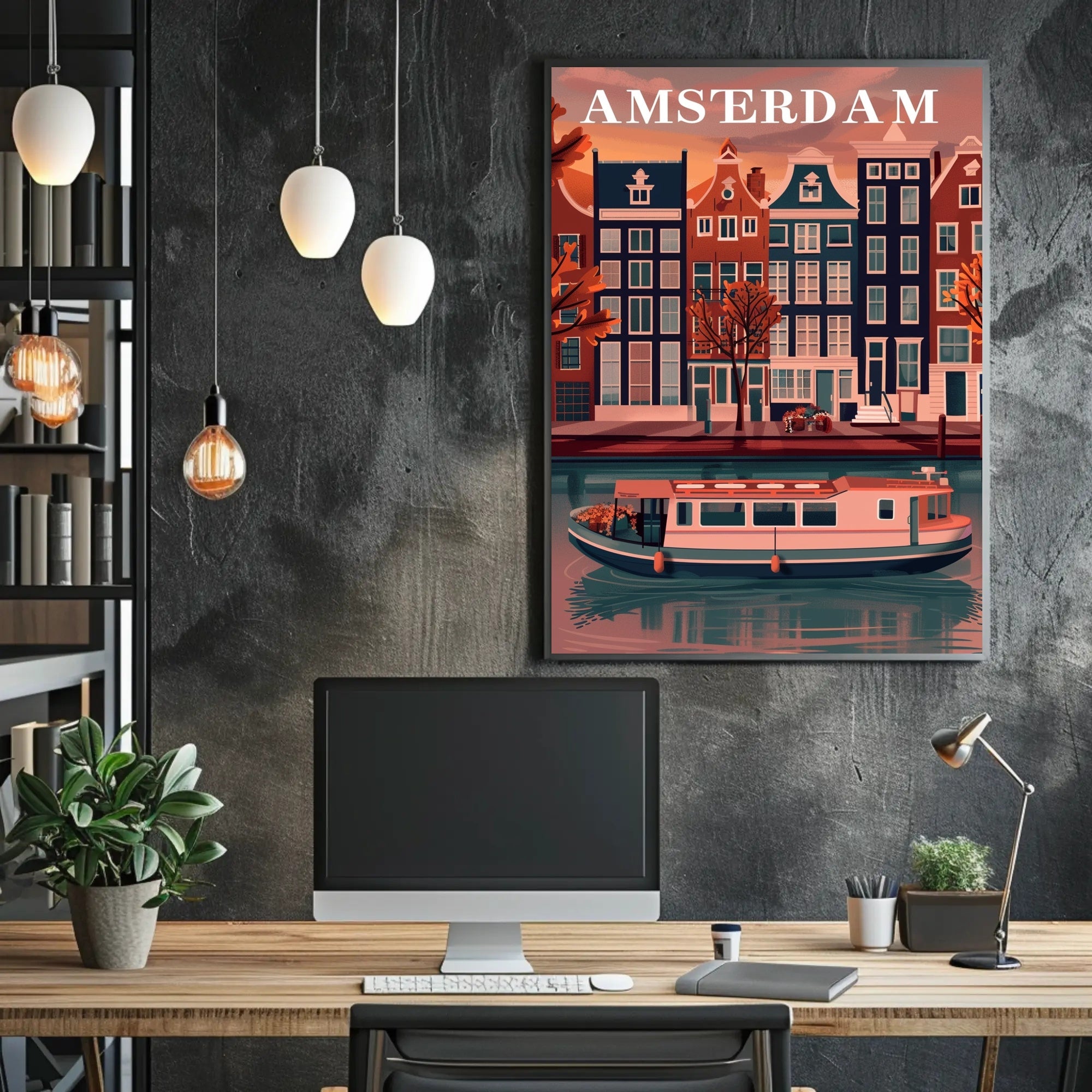 Amsterdam Canal Houses: Warm Scenic Travel Poster PosterGoat