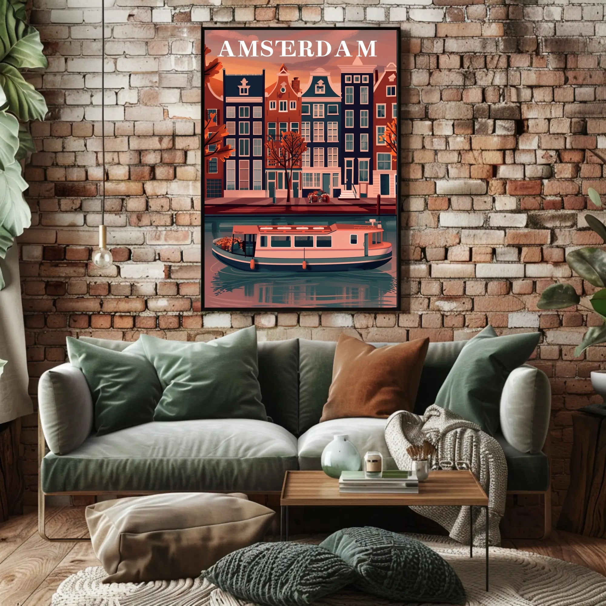 Amsterdam Canal Houses: Warm Scenic Travel Poster PosterGoat
