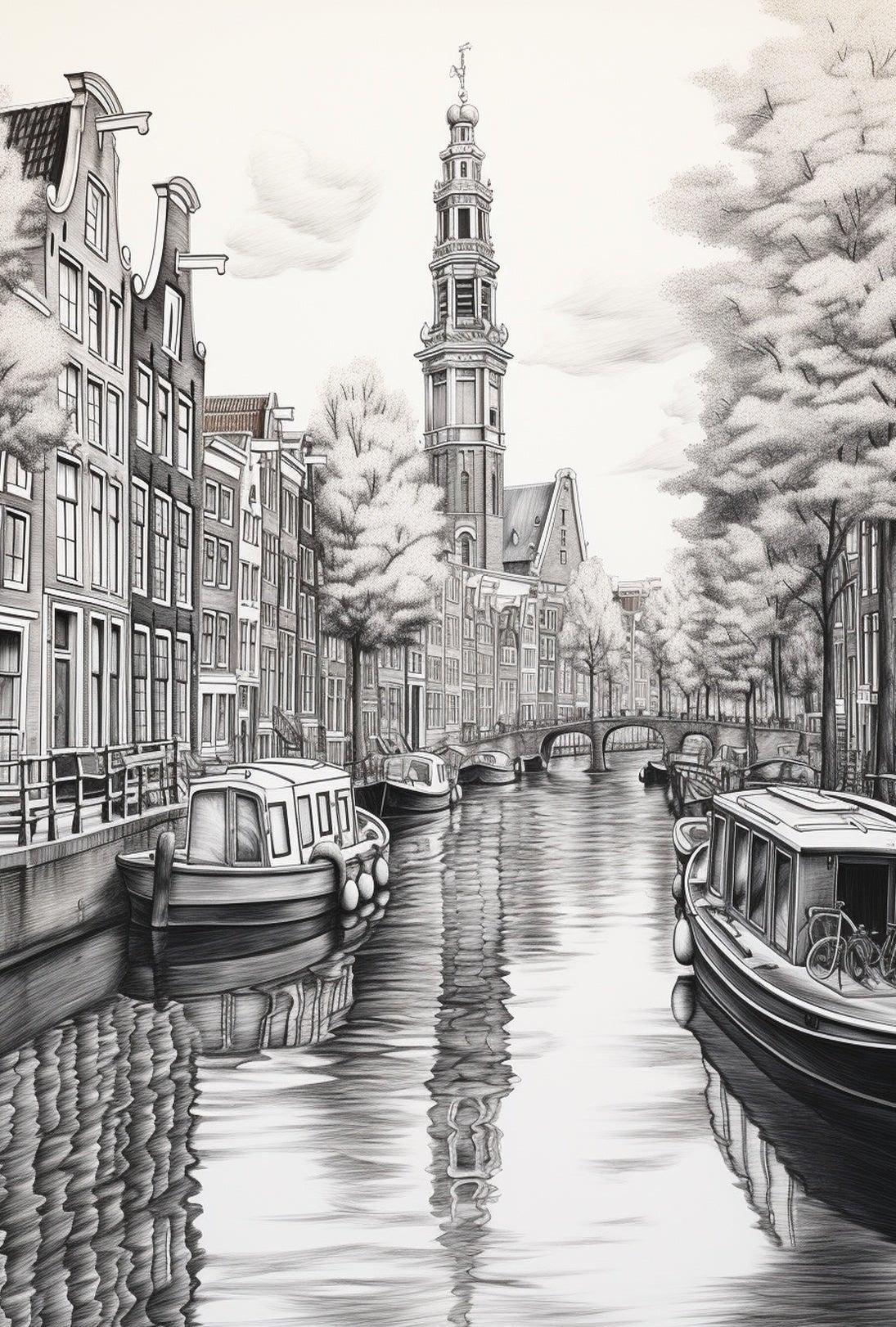 Amsterdam Canal Scene Vintage Illustration Travel Poster PosterGoat