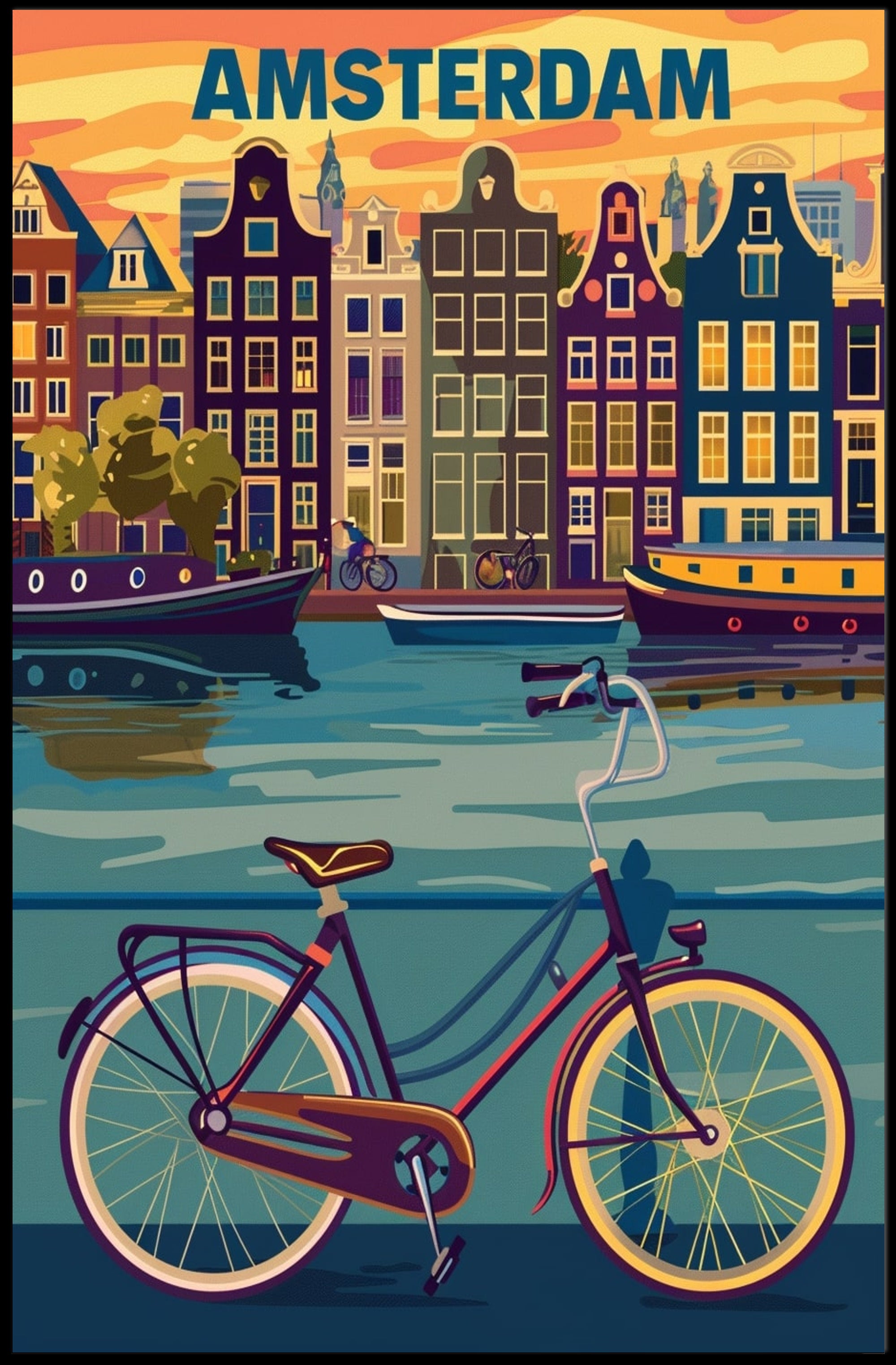 Amsterdam Canals and Bicycle Urban Cityscape Poster PosterGoat