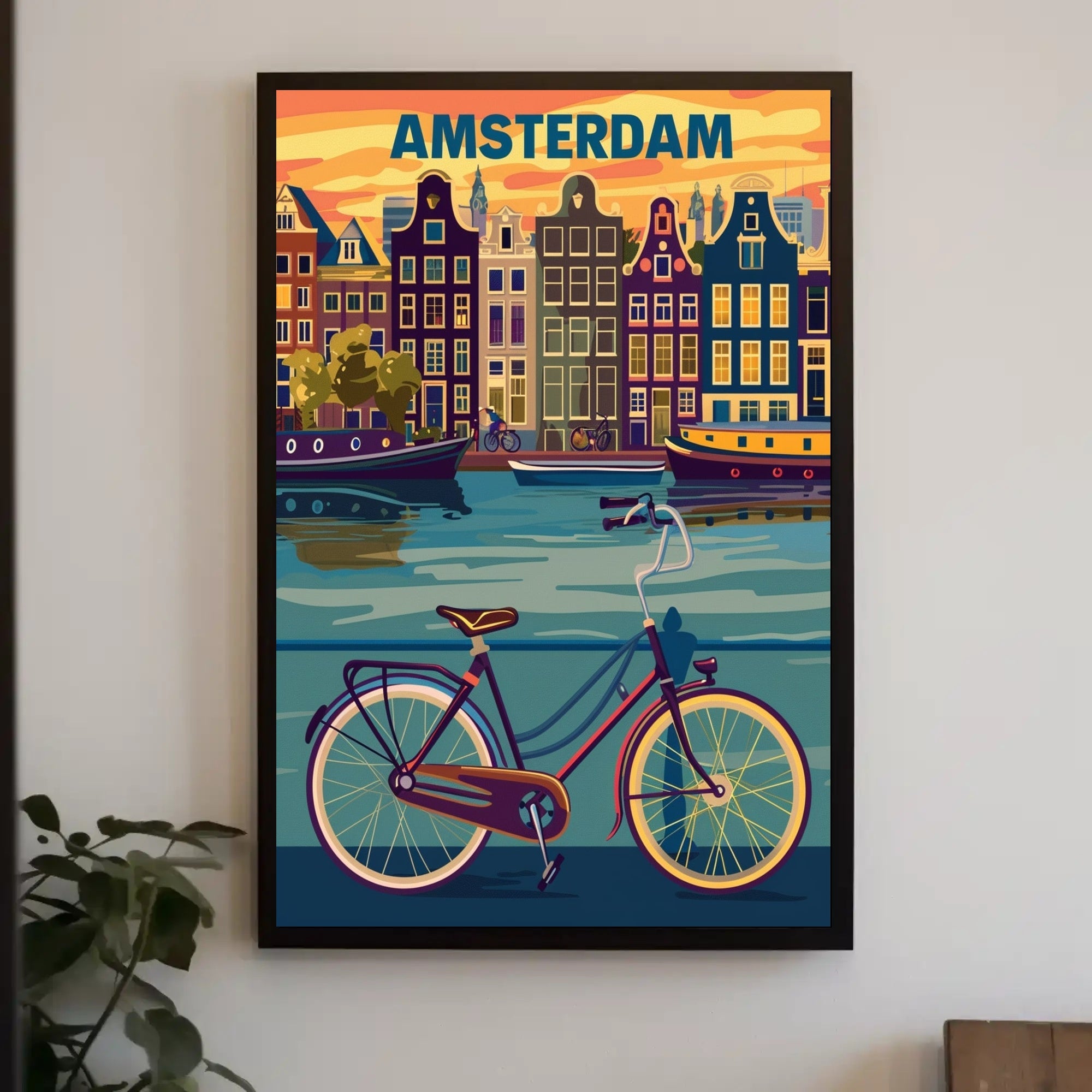 Amsterdam Canals and Bicycle Urban Cityscape Poster PosterGoat