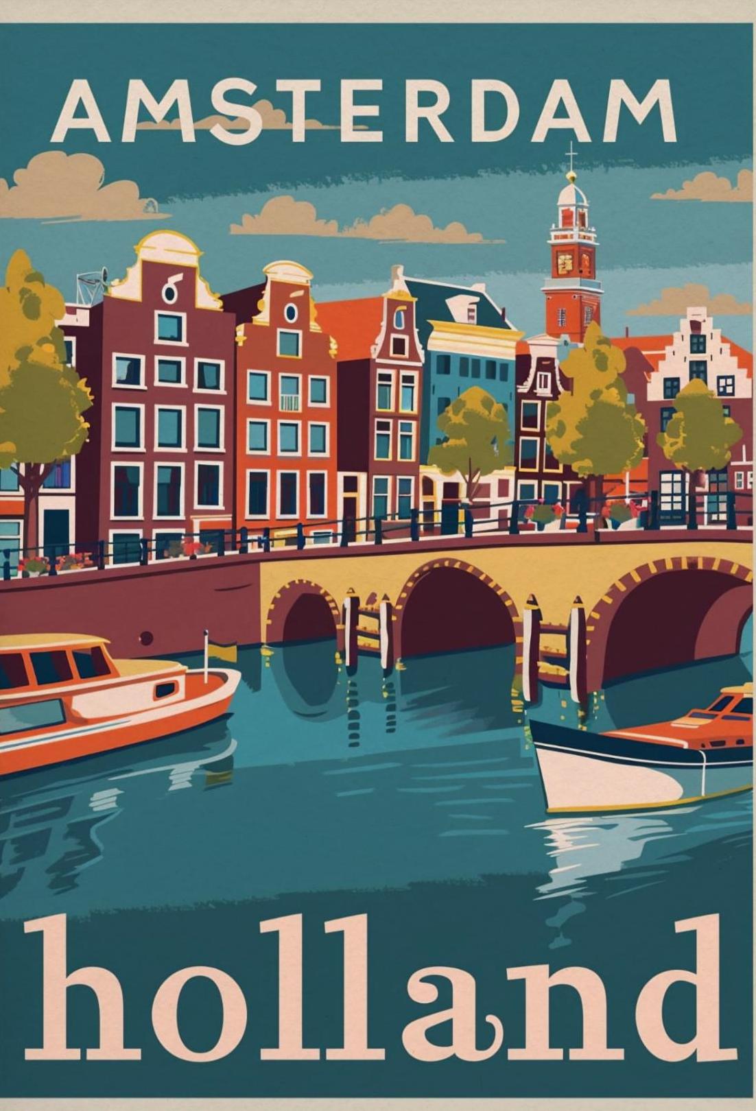 Amsterdam Holland Autumn Canal Houses Vintage Travel Poster PosterGoat