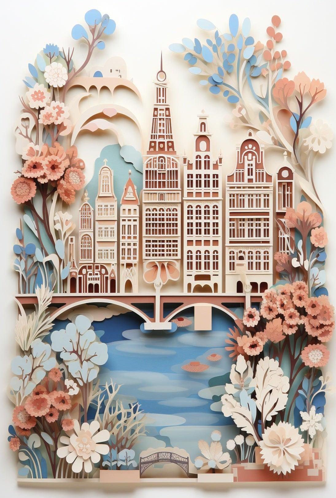 Amsterdam-Inspired Cityscape with Butterflies Art Poster PosterGoat