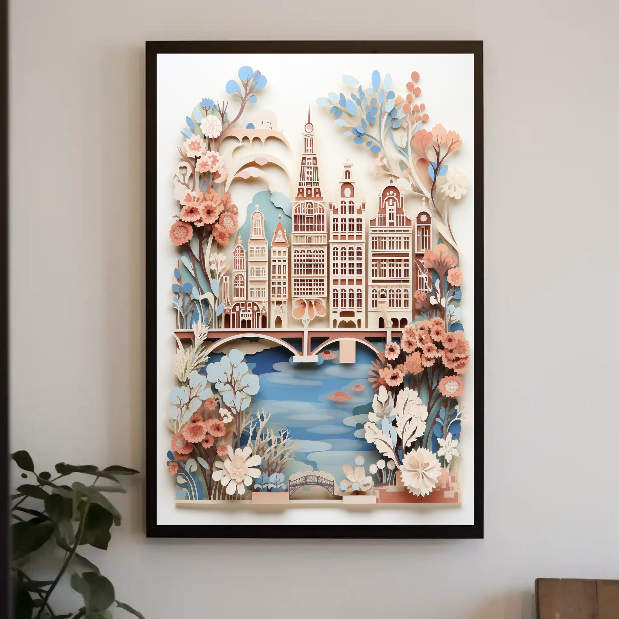 Amsterdam-Inspired Cityscape with Butterflies Art Poster PosterGoat