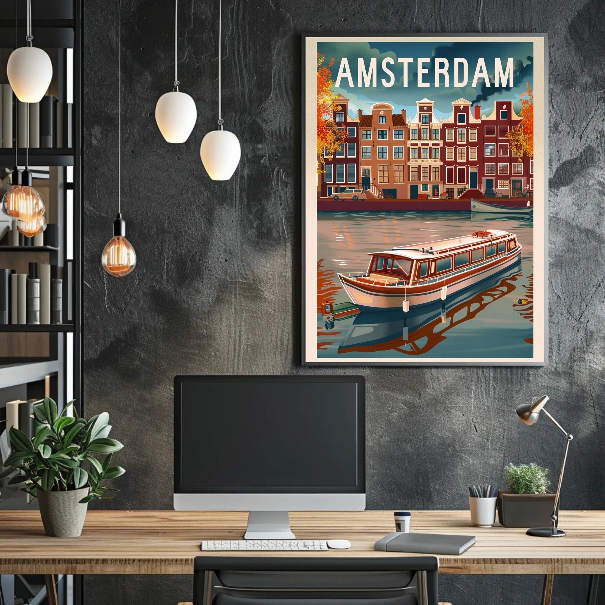Amsterdam Vintage Canal Scene Travel Poster PosterGoat