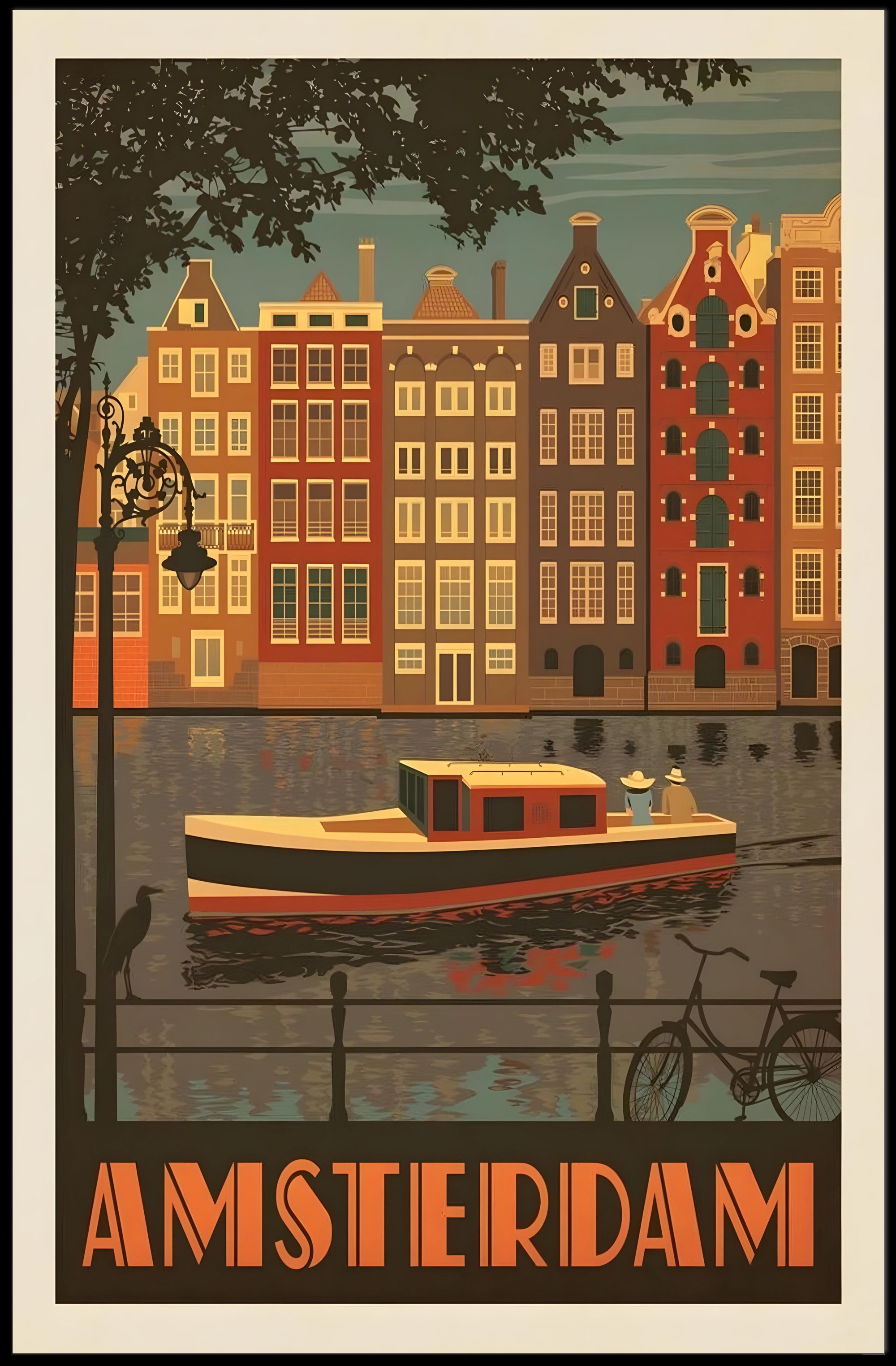 Amsterdam Vintage Travel Poster Depicting Retro Canal Scene PosterGoat