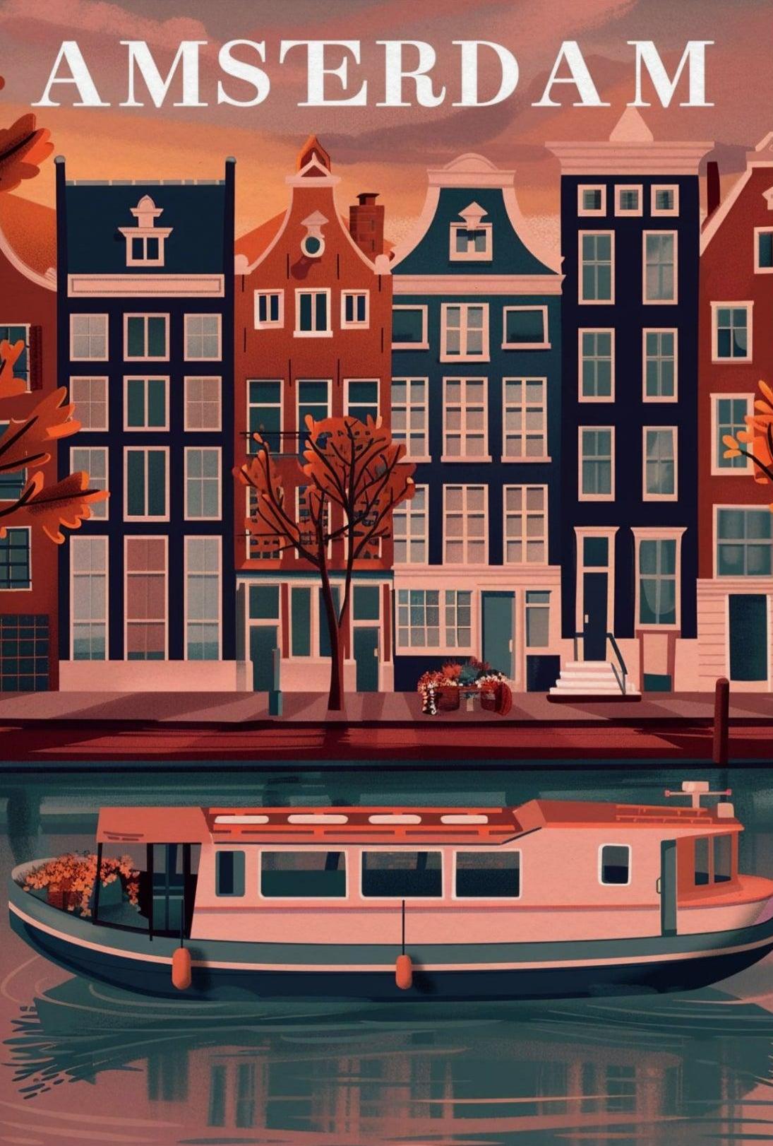 Amsterdam's Charming Autumn Canal Scene Travel Poster PosterGoat