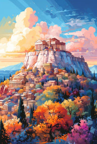 Ancient Greek Acropolis in Vibrant Colors Artistic Poster PosterGoat
